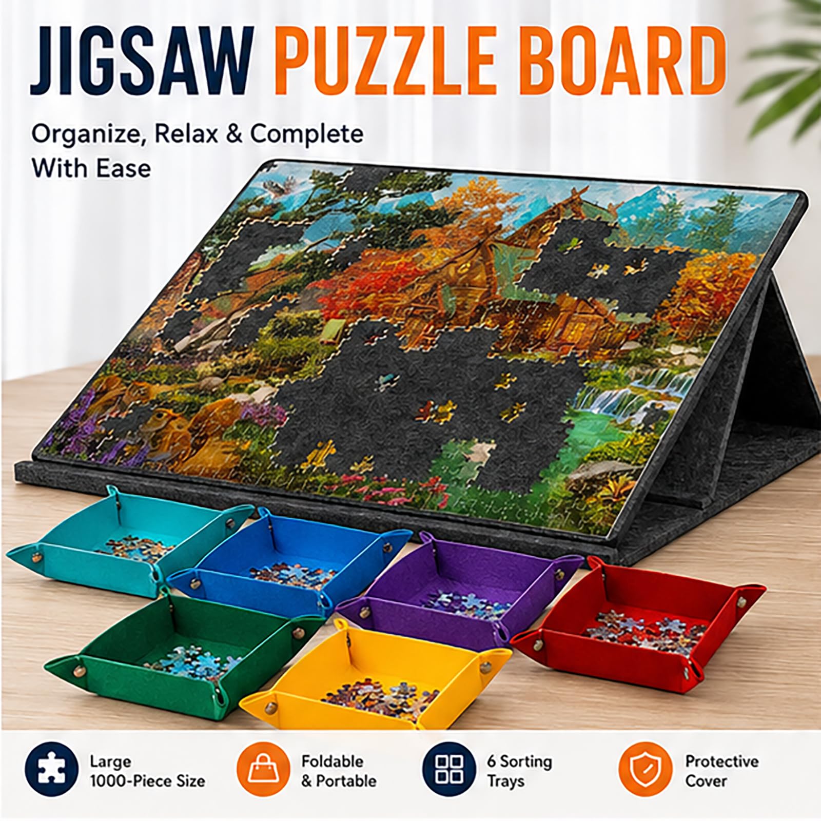 Składana tablica do puzzli z 3 regulowanymi kątami i 6 tacami do sortowania, lekka filcowa mata stołowa, antypoślizgowa mata do 1000 sztuk