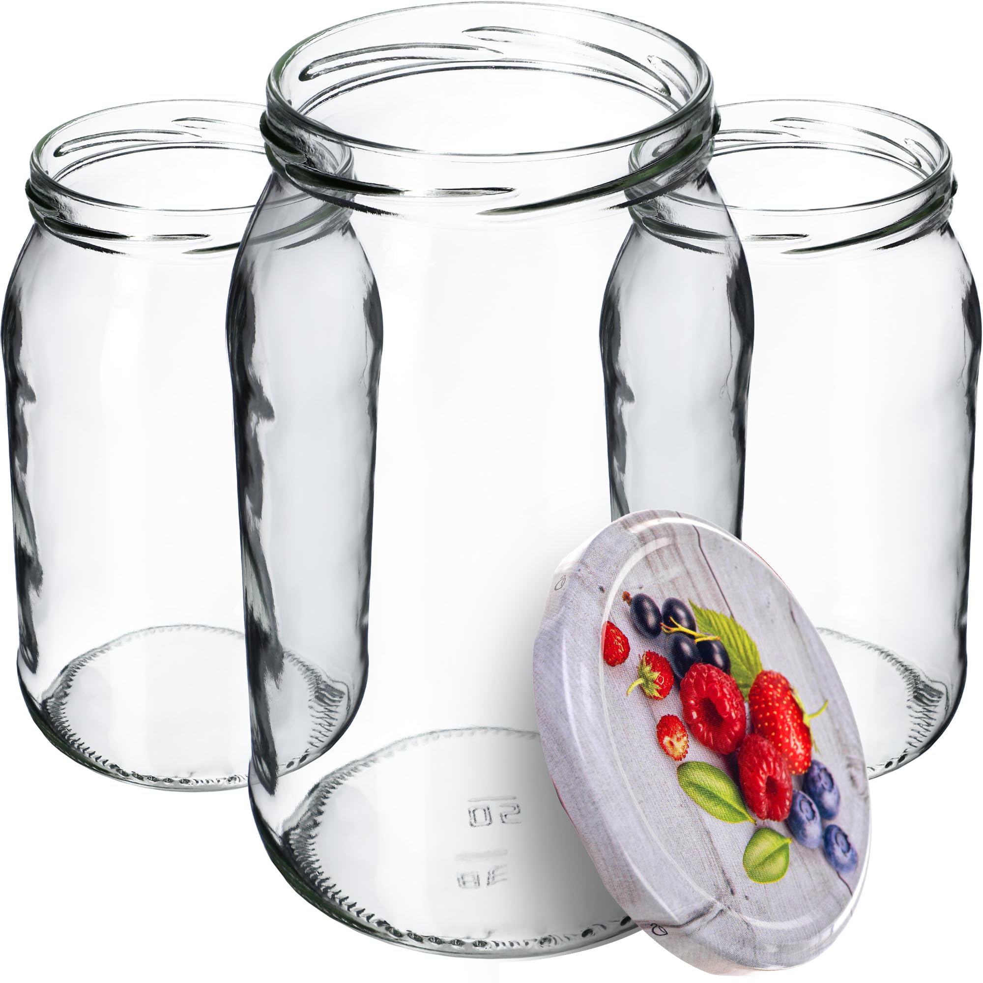 KADAX Lot de 48 grands bocaux en verre 900ml Ø82 Framboises – couvercle à vis hermétique, pour conserves, cornichons, légumes lacto-fermentés et confitures maison