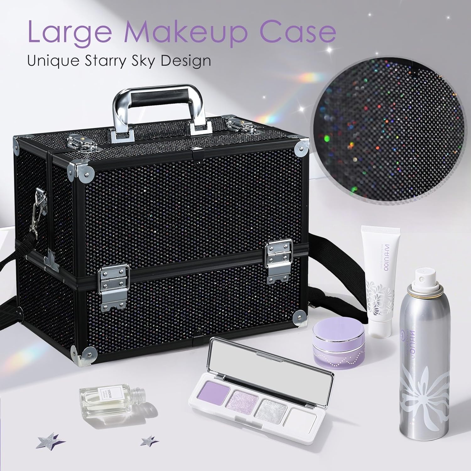 joligrace makeup train case large 6 tray professional organizer box - cosmetic make up carrier with lock & key carrying strap for studio artist & stylist black rhinestone black grid