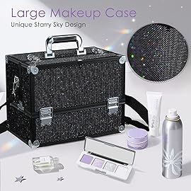 Joligrace Makeup Train Case Large 6 Tray Professional Organizer Box - Cosmetic Make Up Carrier with Lock & Key Carrying Strap for Studio Artist & Stylist Black Rhinestone