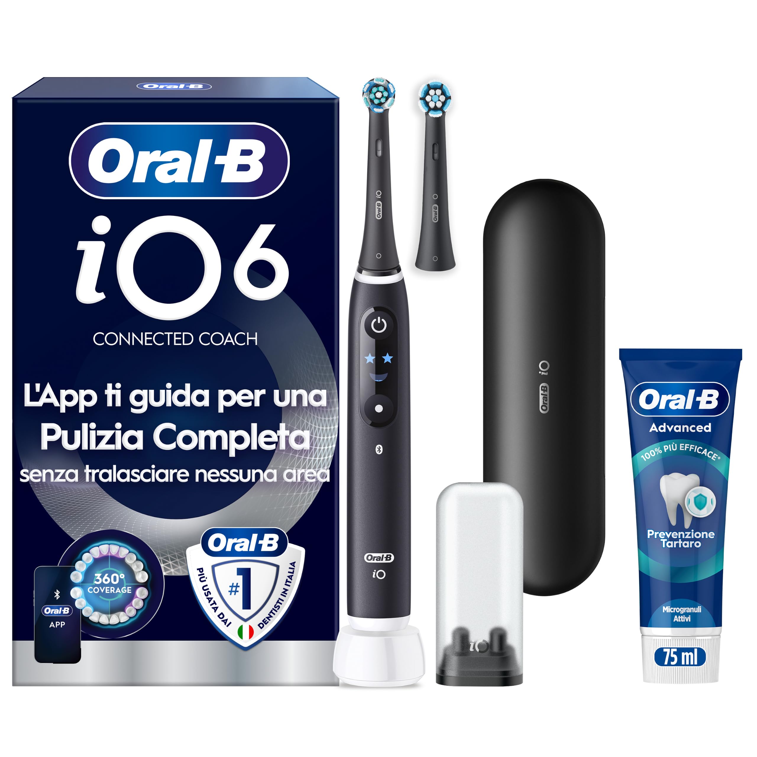 Oral-B iO 6 Spazzolino Elettrico, 2 Testine, Custodia, Dentifricio, Nero