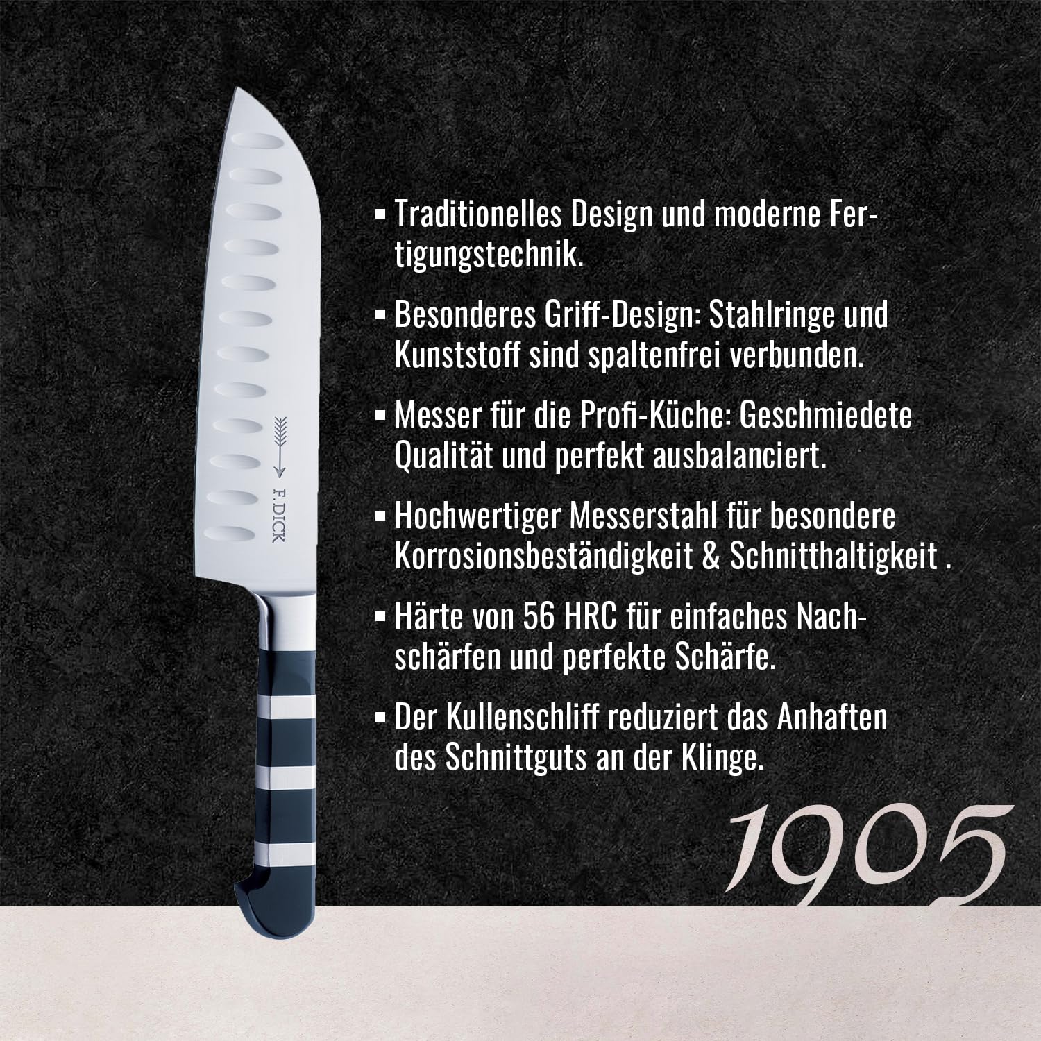 F. Dick Santoku, Küchenmesser, 1905 (Messer mit Klinge 18 cm, X50CrMoV15 Stahl, nichtrostend, 56° HRC) 8194218K