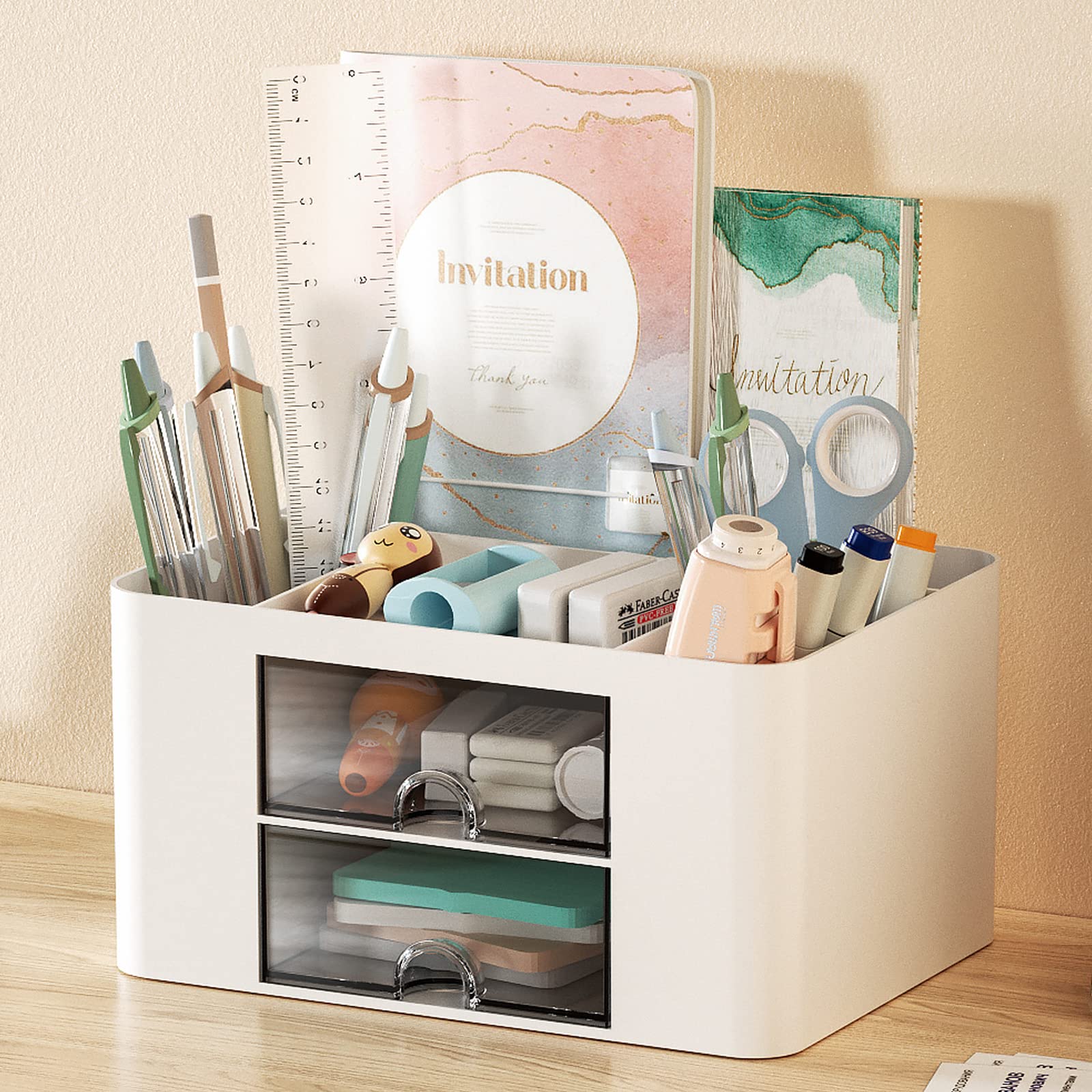 Desk Organizer with 2 Drawer, Pencil Pen Holder for Desk, Desk Supplies Organizer for Office Home Art Supplies (white)