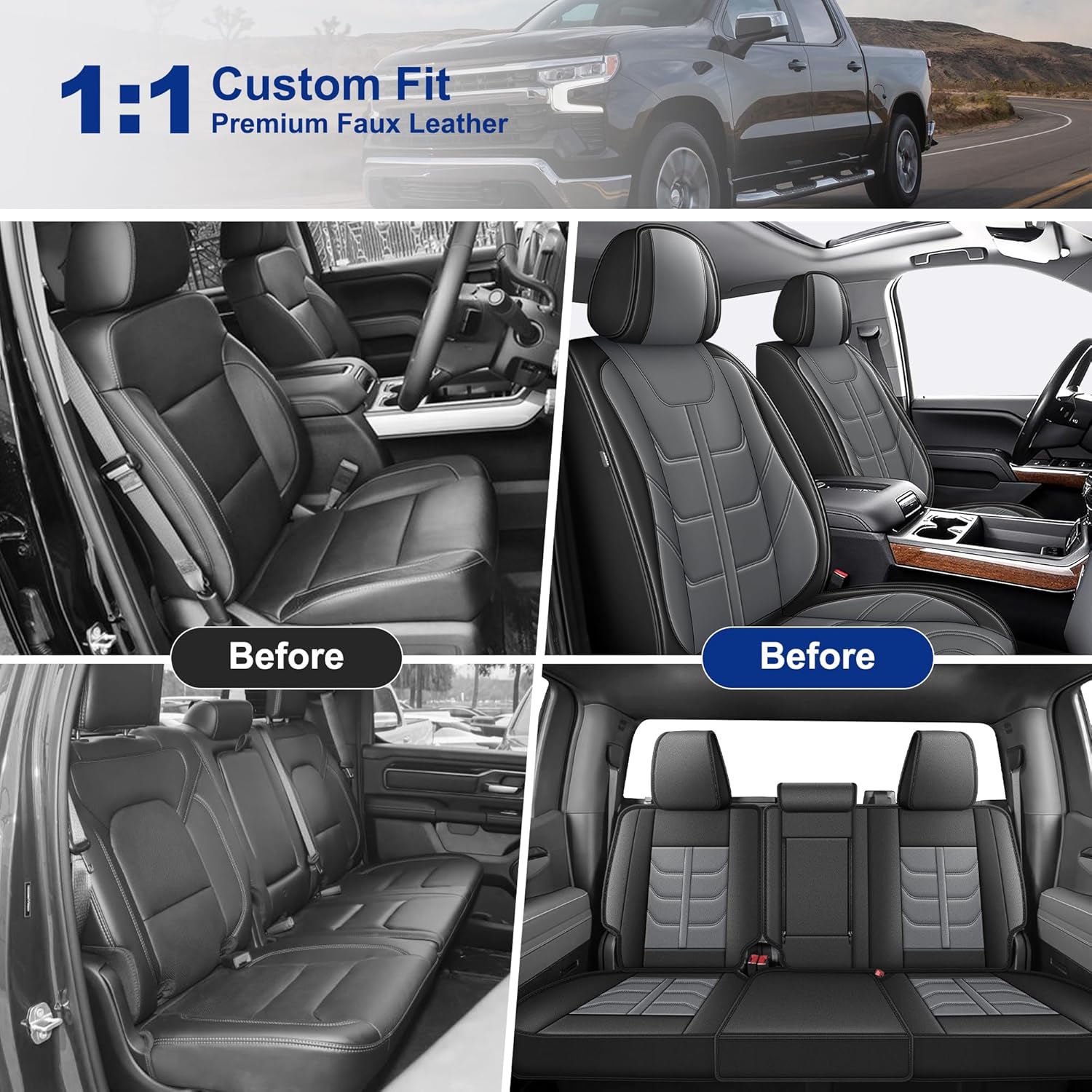 YORKNEIC Fit for Chevy Silverado GMC Sierra 1500 2500 3500 2007-2026 Faux Leather Waterproof Car Seat Covers for Truck Crew Cab LT LZT (Full Set, Black&Grey)