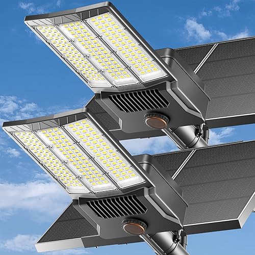 Luz solar de calle de 12000 W con paneles solares duales, luces de estacionamiento de grado comercial con LED grandes, luces de inundación al aire