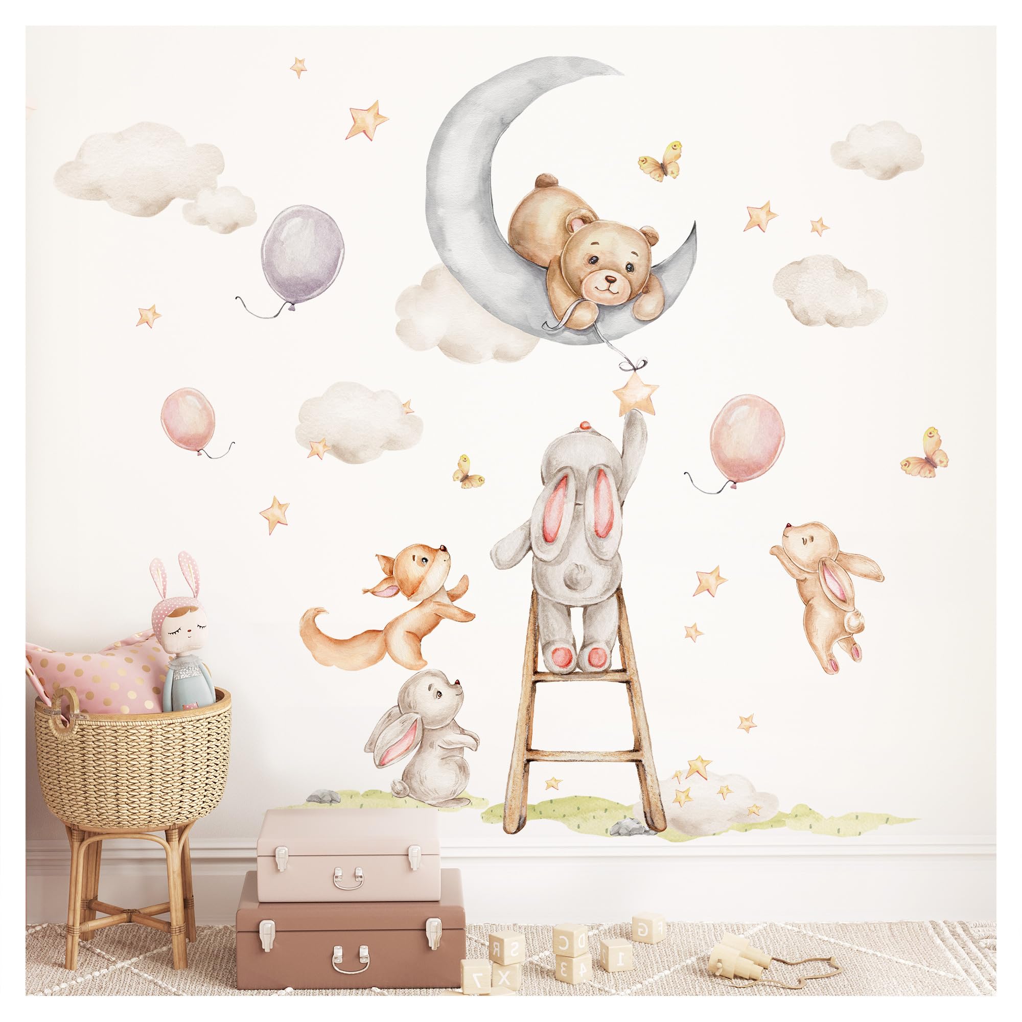 Little Deco Wandtattoo Bär auf Mond und Hase DL5016 XXL