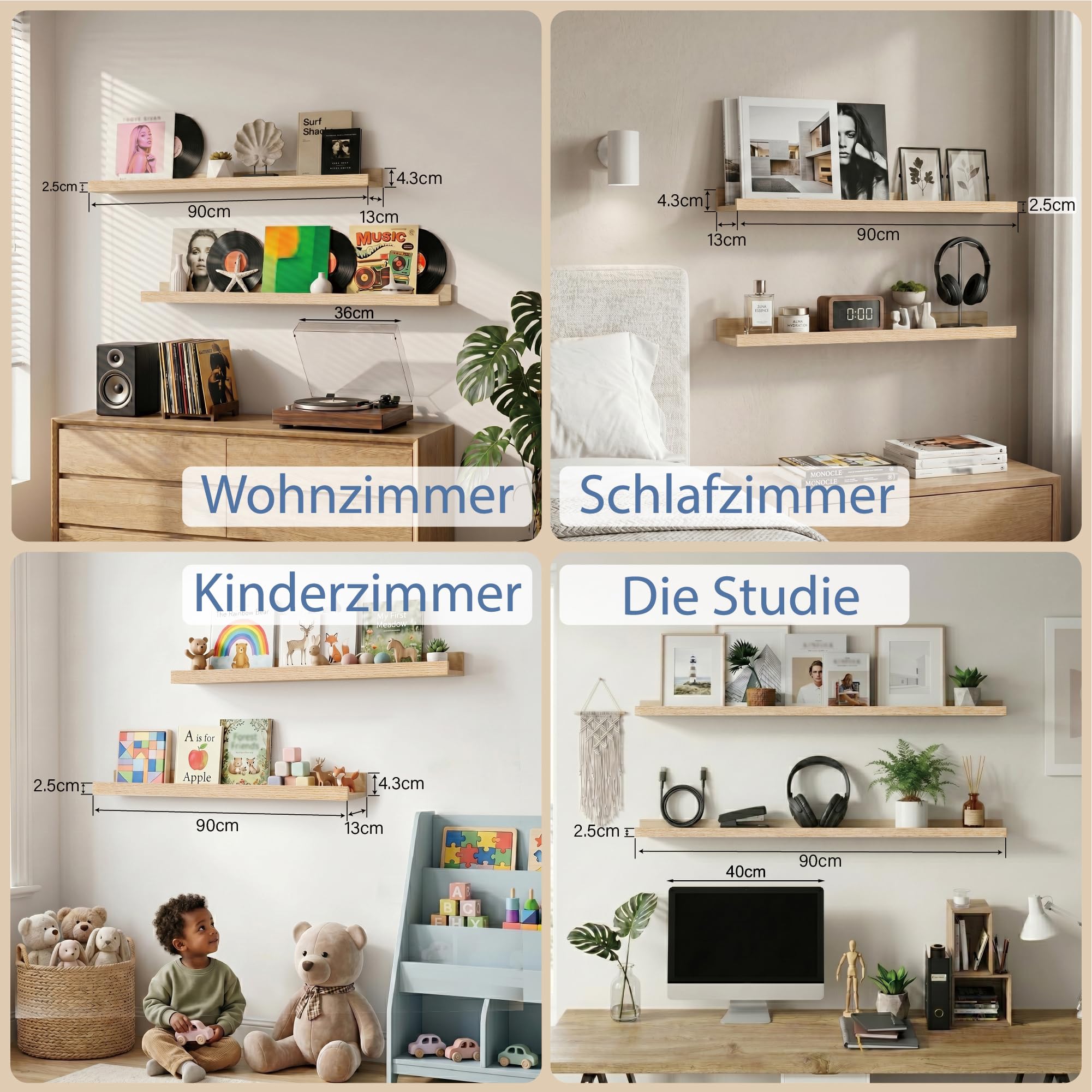 Bilderleiste Eiche 90 cm, 2er Set Schweberegal mit erhöhter Vorder- und Rückkante, großes Wandboard für Bilderrahmen, Pflanzen und Dekoration, Regal für Wohnzimmer, Schlafzimmer und Flur