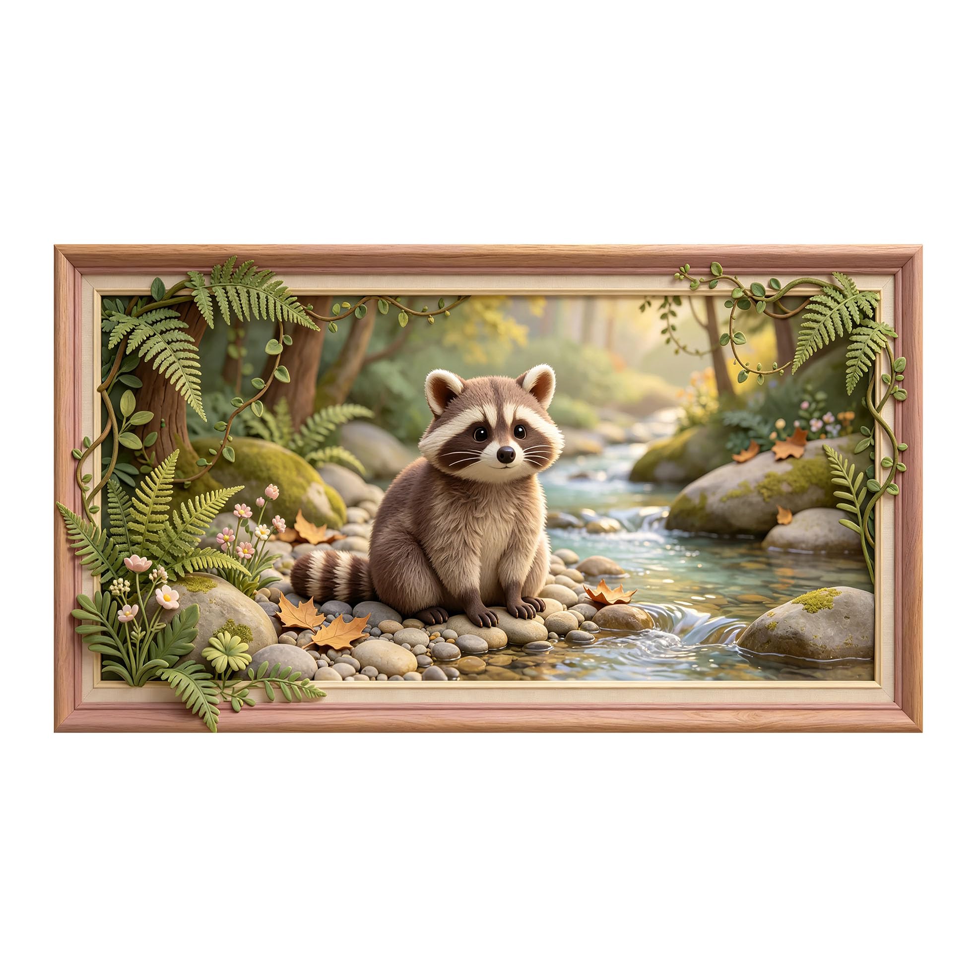 Yzpallescene 3D 3D Framed Wall Art 50cm×90cm Woodland River Raccoon Illustration Natural Landscape Large Size SelfAdhesive Removable Wall Decor Prints Artwork for Living Room Bedroom Office
