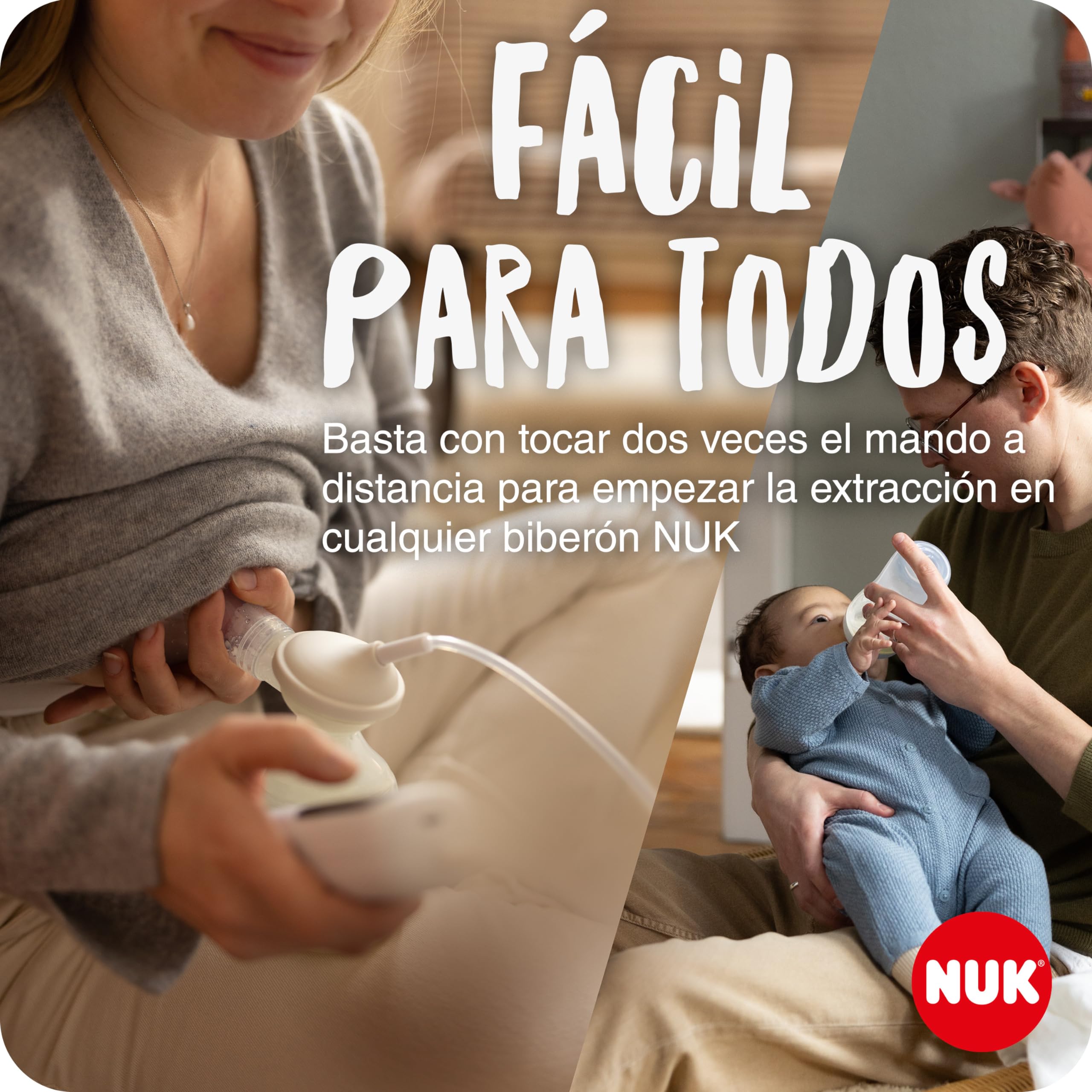 Sacaleches eléctrico doble Soft & Easy de NUK | Copas suaves 100% de silicona | Pequeño, ligero y silencioso | Batería recargable para viajar | Copas de 24 y 27 mm | 2 biberones Perfect Match mm