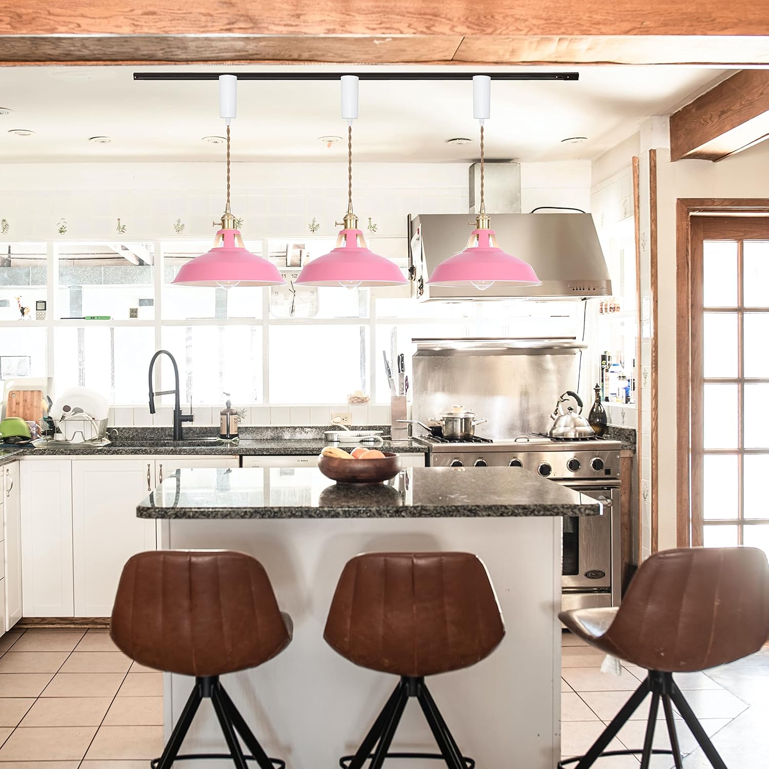 Adjustable Height H Type Track Lighting Pendants 4.9 Ft Macaron Style Pink Iron Shade Instant on Track Mount Pendant Light Decorate for Kitchen Island Dinning Table Customizable