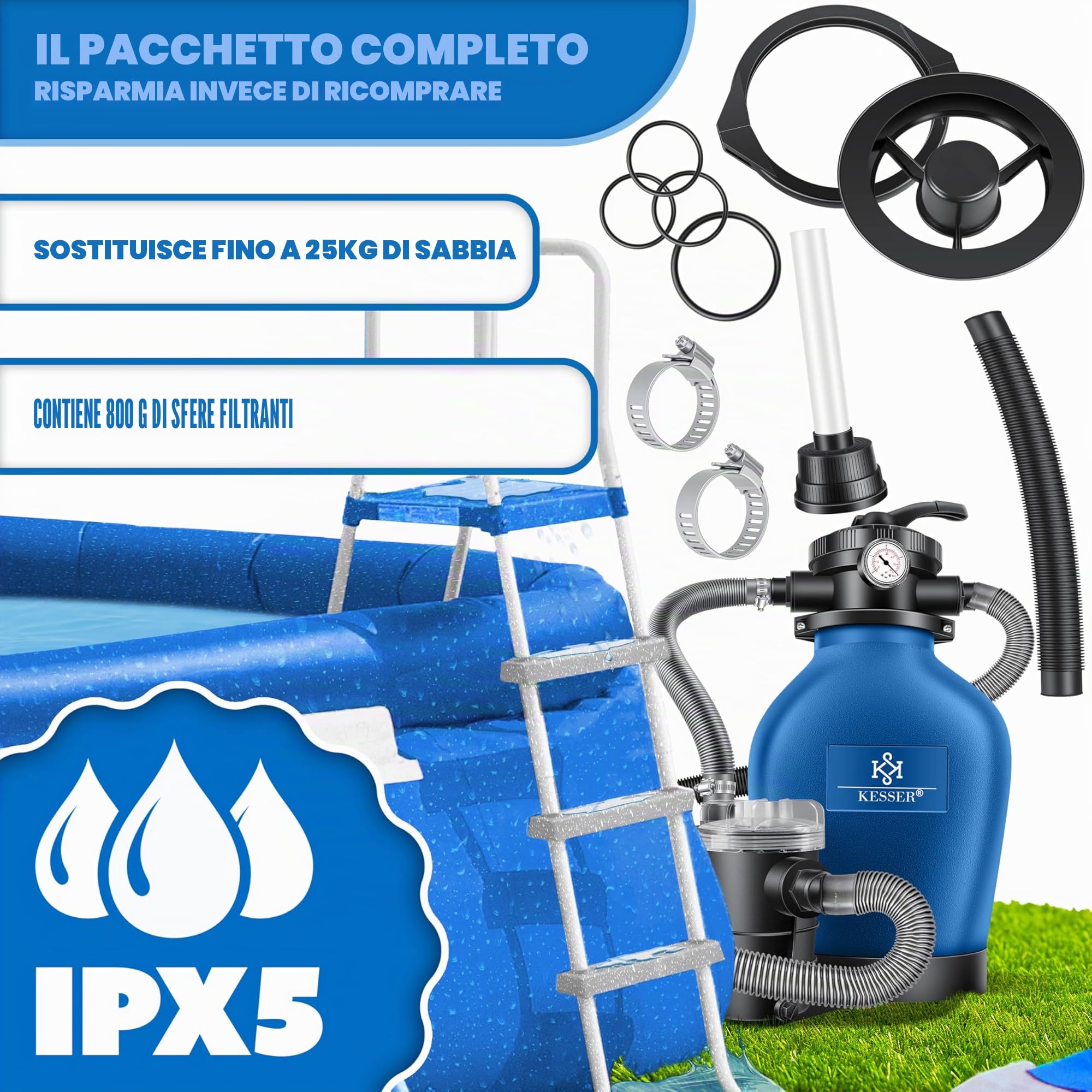 KESSER® Sistema di filtraggio a Sabbia Filtro a Sabbia+ Copertura + Sfere filtranti da 700 g sostituire 25 kg di Sabbia filtrante valvola a 7 Vie con indicatore di Pressione
