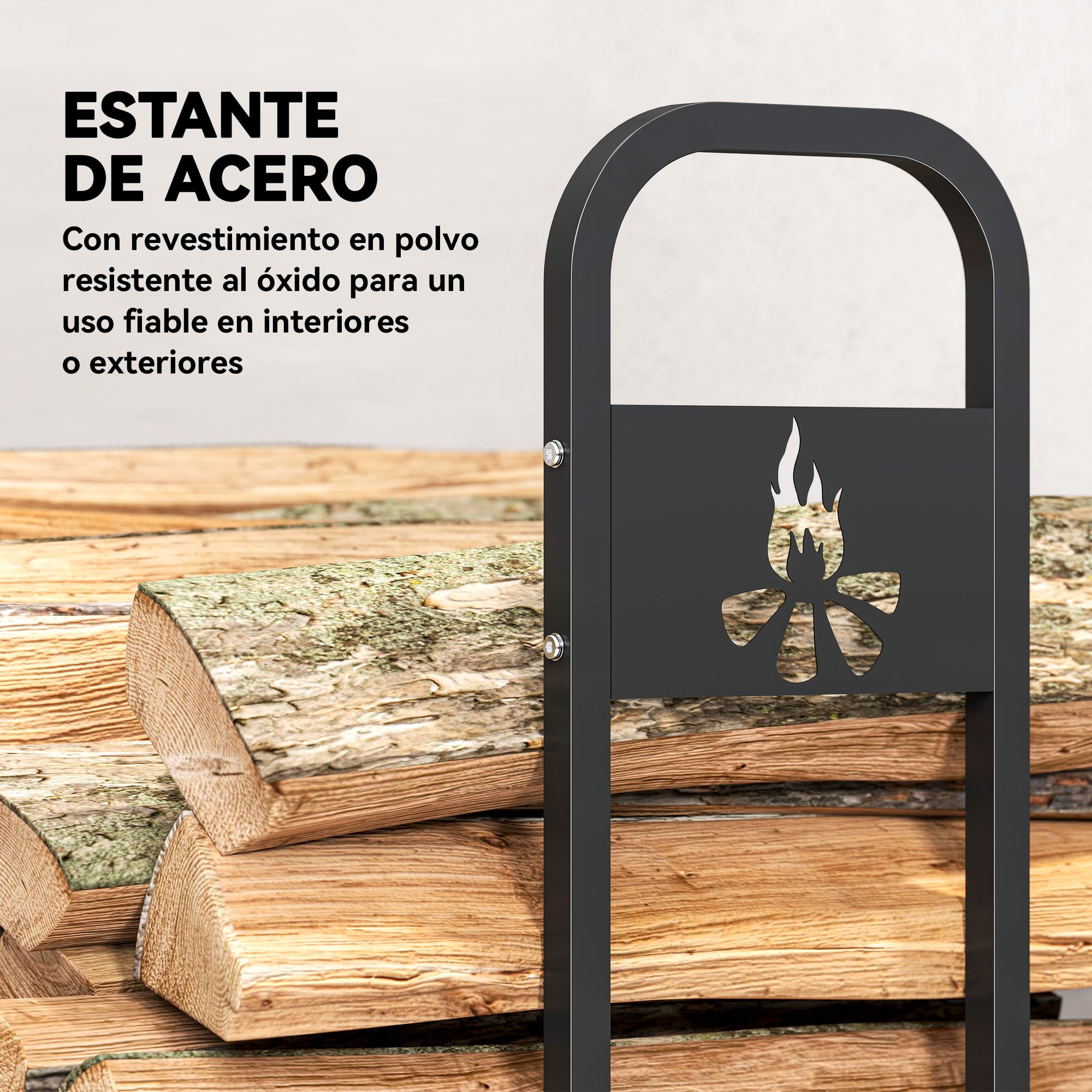 Outsunny Estante de Leña Metálico, 200x30x120 cm, Carga 300 kg, Leñero Exterior con Marco de Acero, Patas Extra Reforzadas y Diseño Recortado de Fogata, Soporte para Leña de Chimenea, para Jardín
