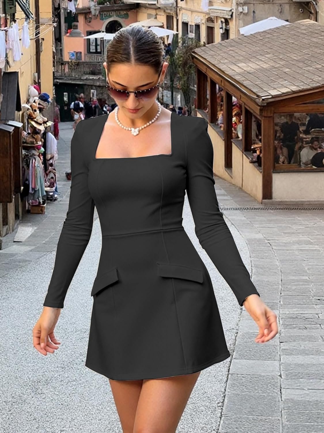 BORIFLORS Women's Fall Square Neck Long Sleeve Mini Dresses Corset Basic A Line Party Short Dress - Image 4