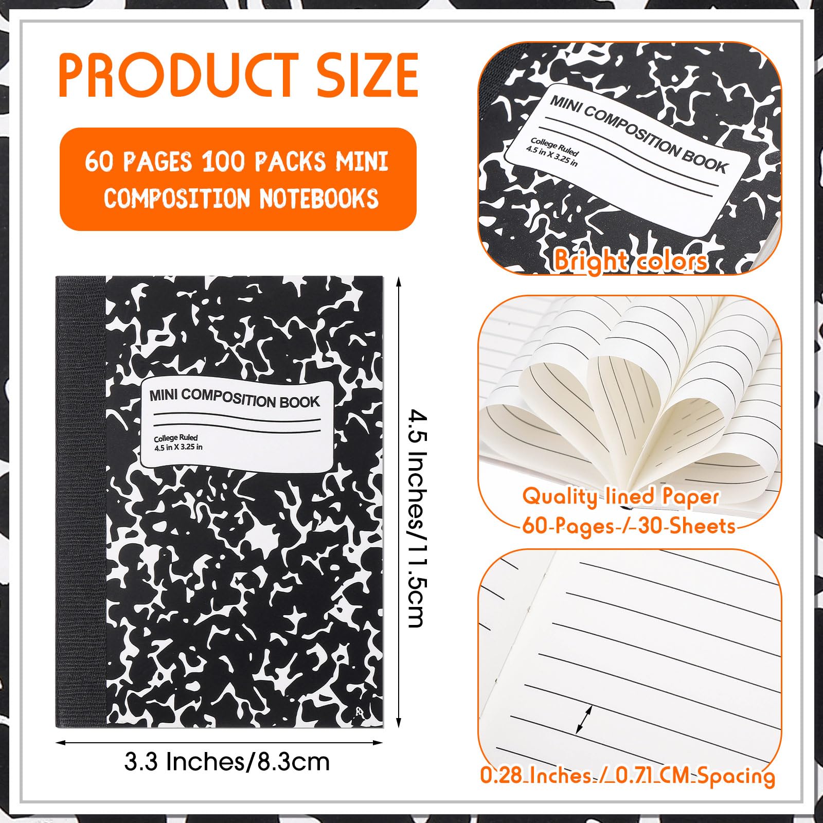 Fainne Confezione da 100 mini quaderni per composizione, 11,4 x 8,4 cm, piccole composizioni a righe strette, blocco note in marmo, per studenti, scuola, università, ufficio, 60 pagine (nero)