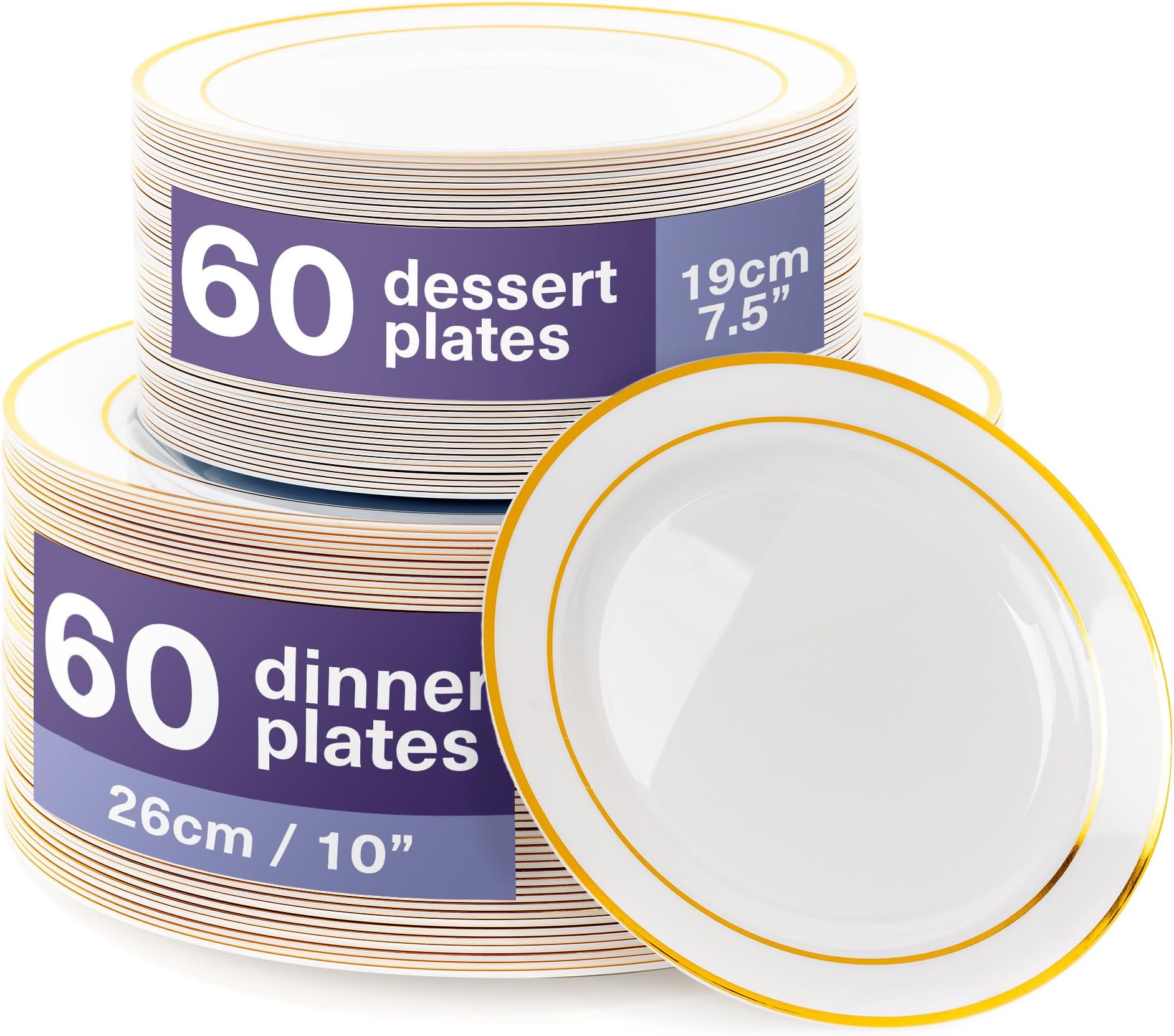 120 Premium White Plastic Plates with Gold Rim - 60 x 26cm, 60 x 19cm - Elegant & Unbreakable, Reusable Party Plates for Wedding, Birthday, Christmas, Parties