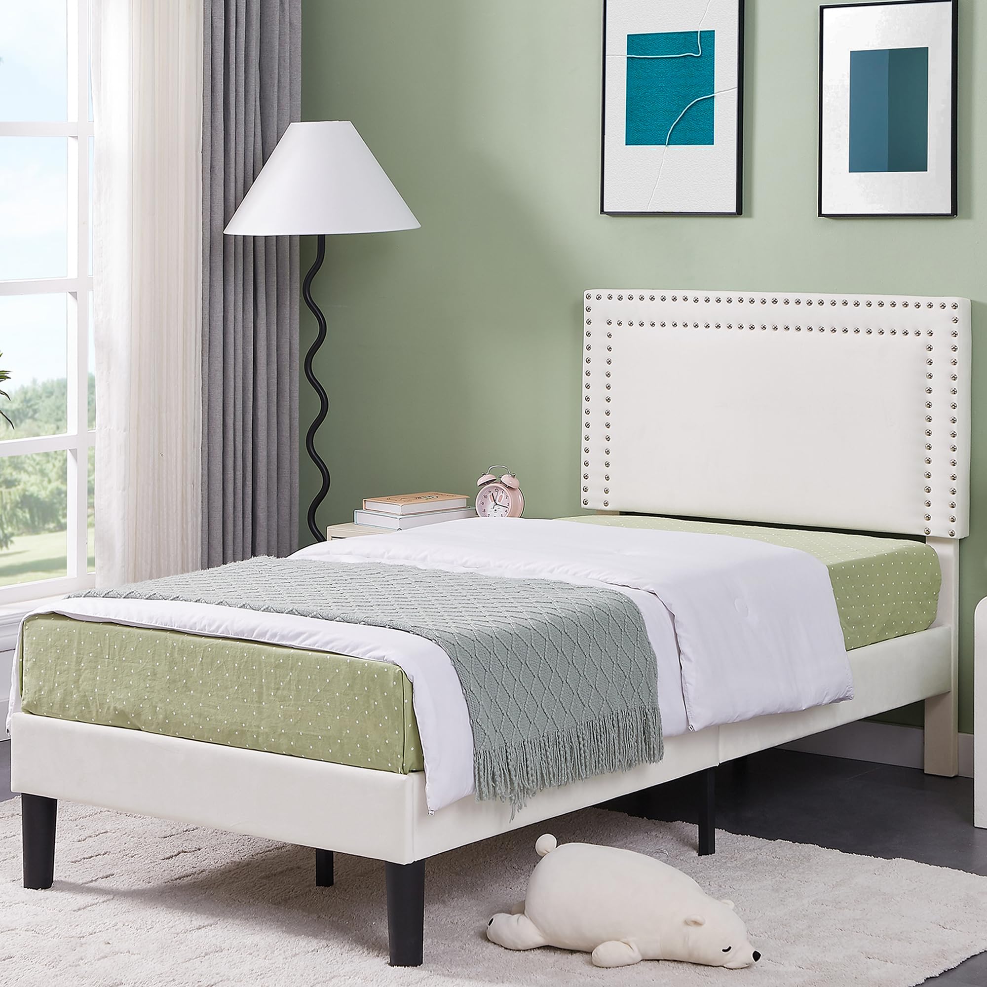 VECELO Twin Size Bed Frame Velvet Upholstered Platform with Headboard, Modern Mattress Foundation, Wood Slat Support, No Box Spring Needed, Noise-Free, Easy Assembly
