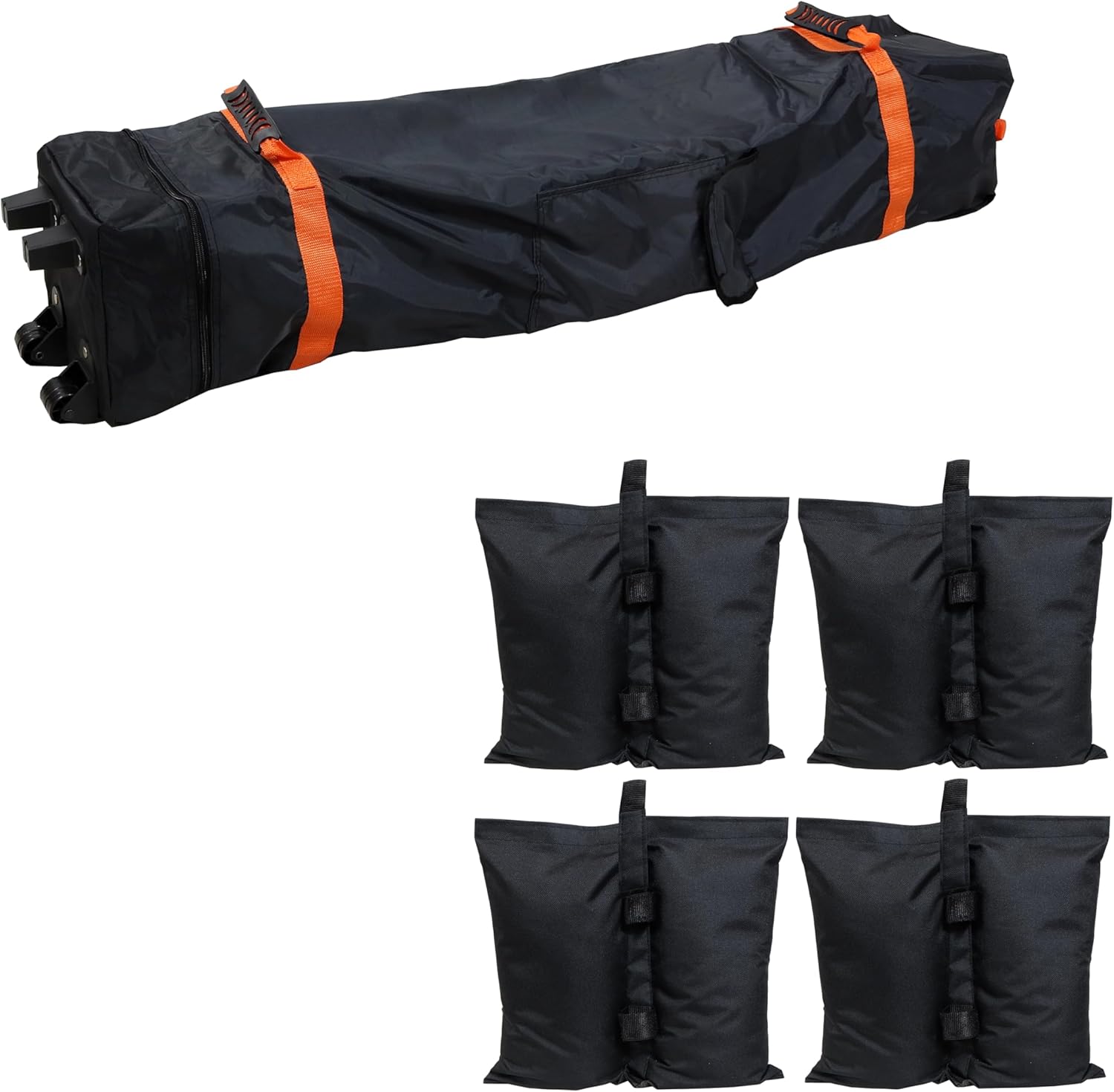 Sunnydaze 7.25" W x 54" L x 7.25" H Black Polyester Rolling Pop-Up Canopy Bag and Set of 4 Black Polyester Fillable Sandbag Canopy Weights