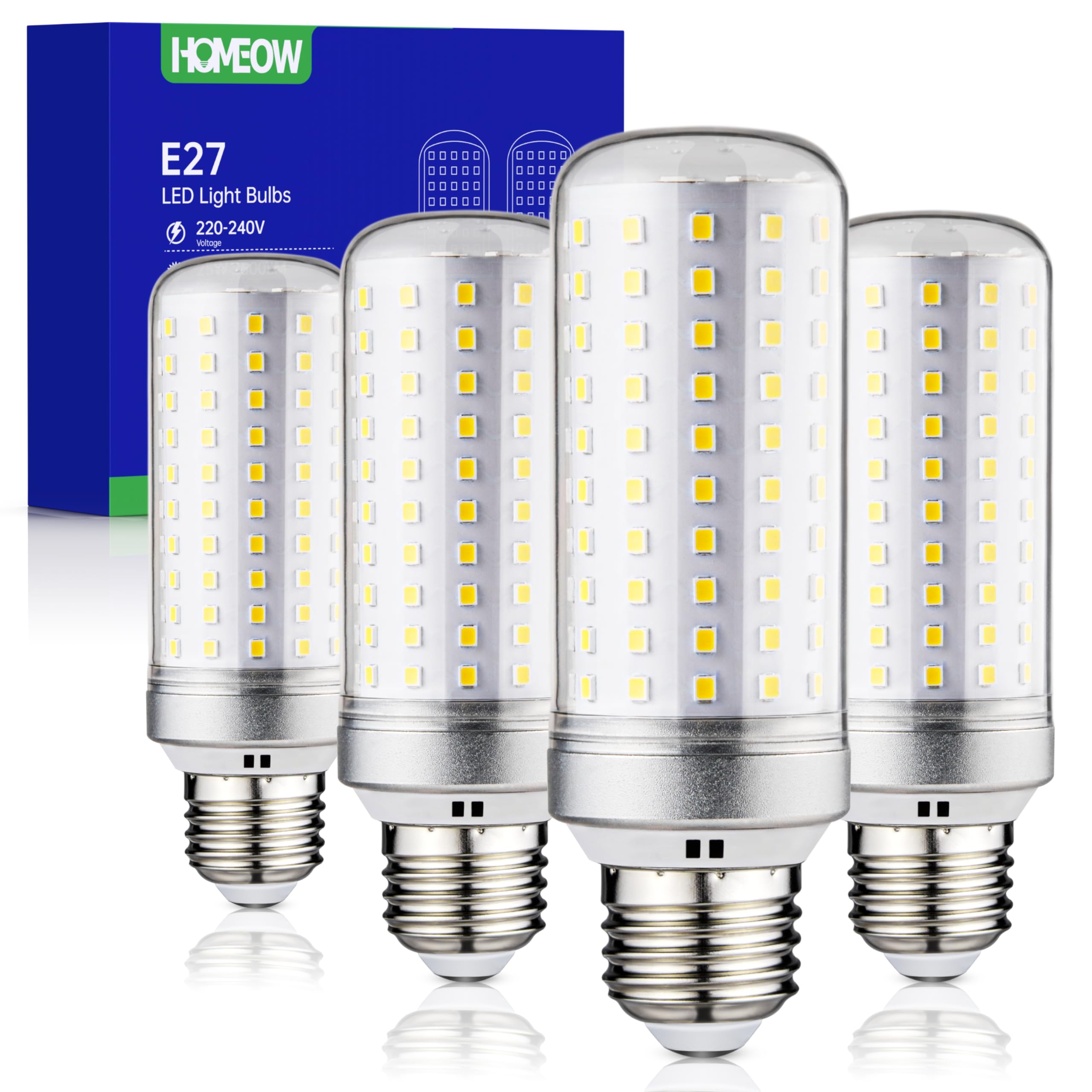 HOMEOW Lampadine LED E27 Luce Naturale 4000K, 25W 2500LM Lampadina LED E27, Equivalenti a 200W Lampada Alogena, Lampade LED E27 Mais Risparmio Energetico, AC 220-240V, Set di 4