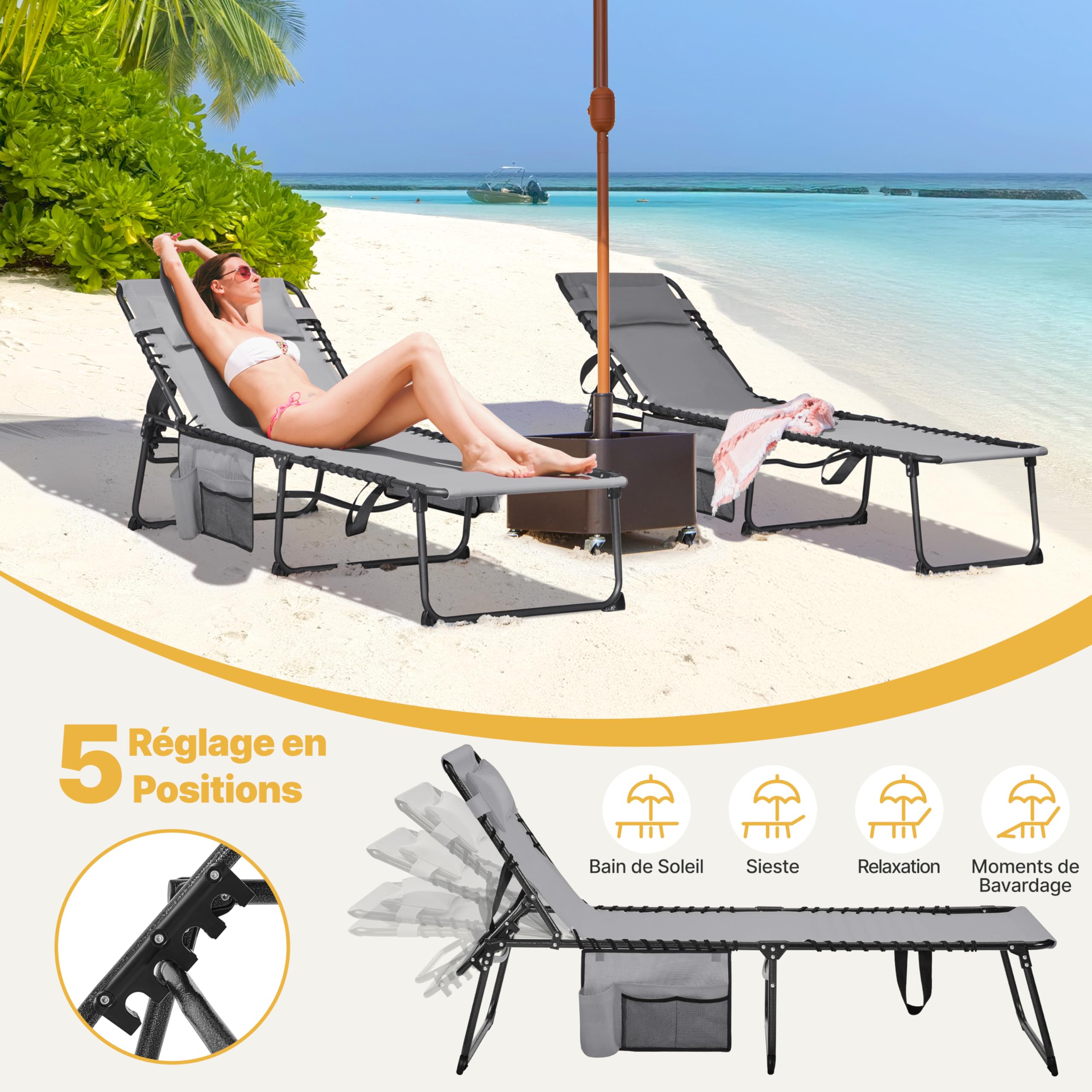 Abician Chaise Longue Pliante Bain de Soleil Transat Jardin Exterieur 189x57x38 cm Dossier Inclinable 5 Positions avec Poche Lit de Camping pour Plage, Piscine, Relax Détente en Plein Air Gris