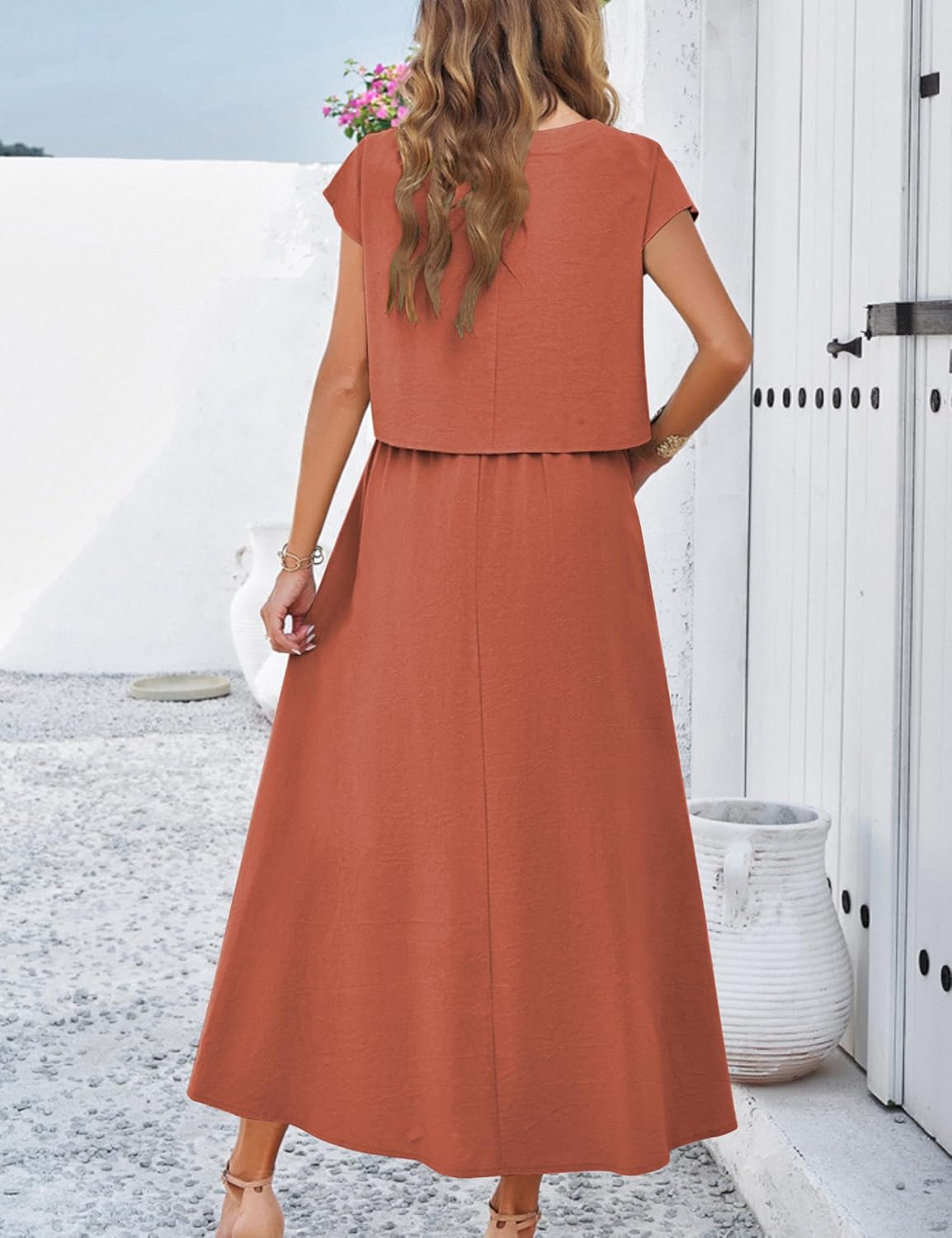 HangNiFang Summer Skirt Sets Women 2 Piece Outfits Cap Sleeve Top Elastic Waist Maxi Dress Sets with Pockets - Image 4