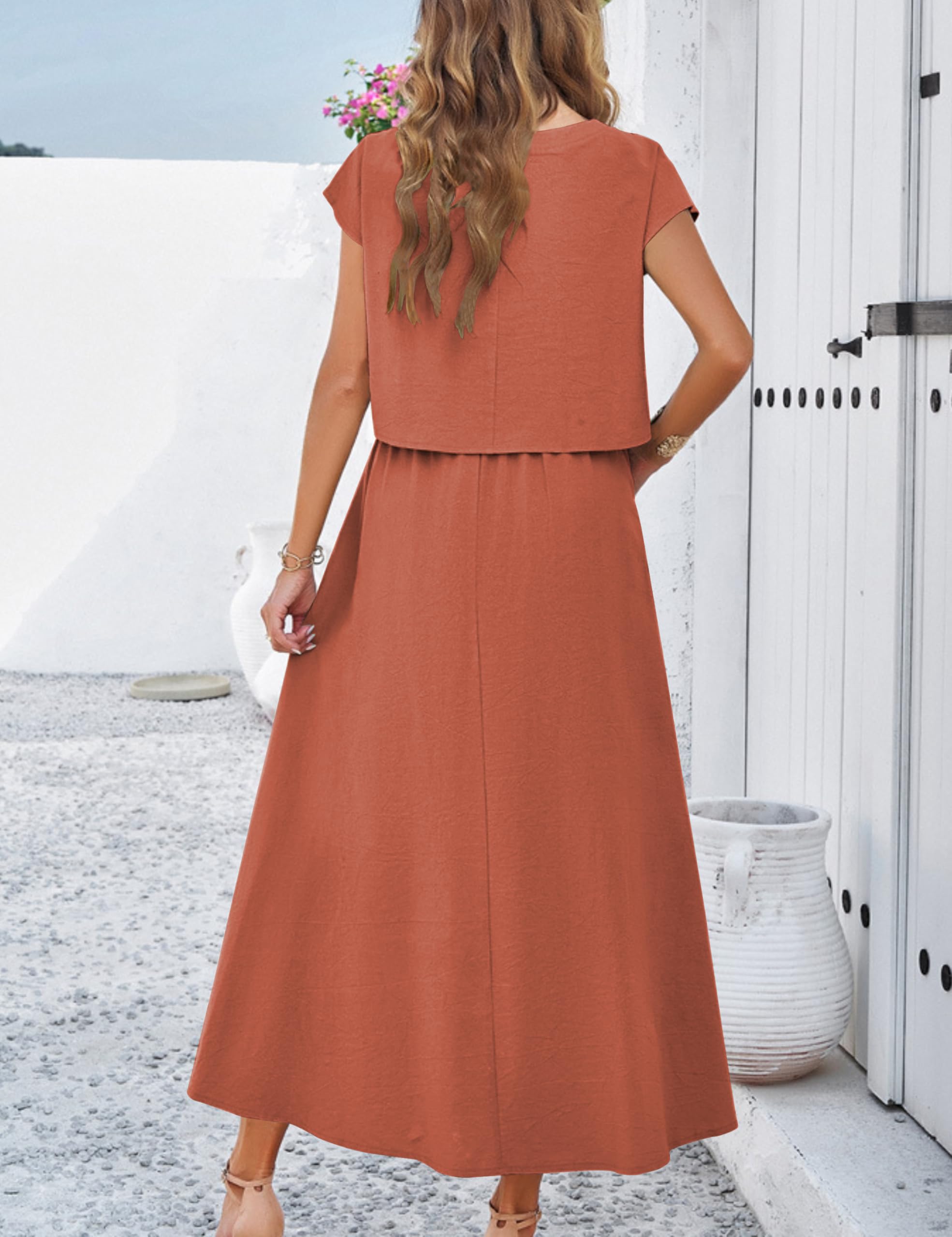 HangNiFang Sommer-Set für Damen, 2-teilig, Maxikleid und Oberteil mit Flügelärmeln, elastischem Bund und Taschen