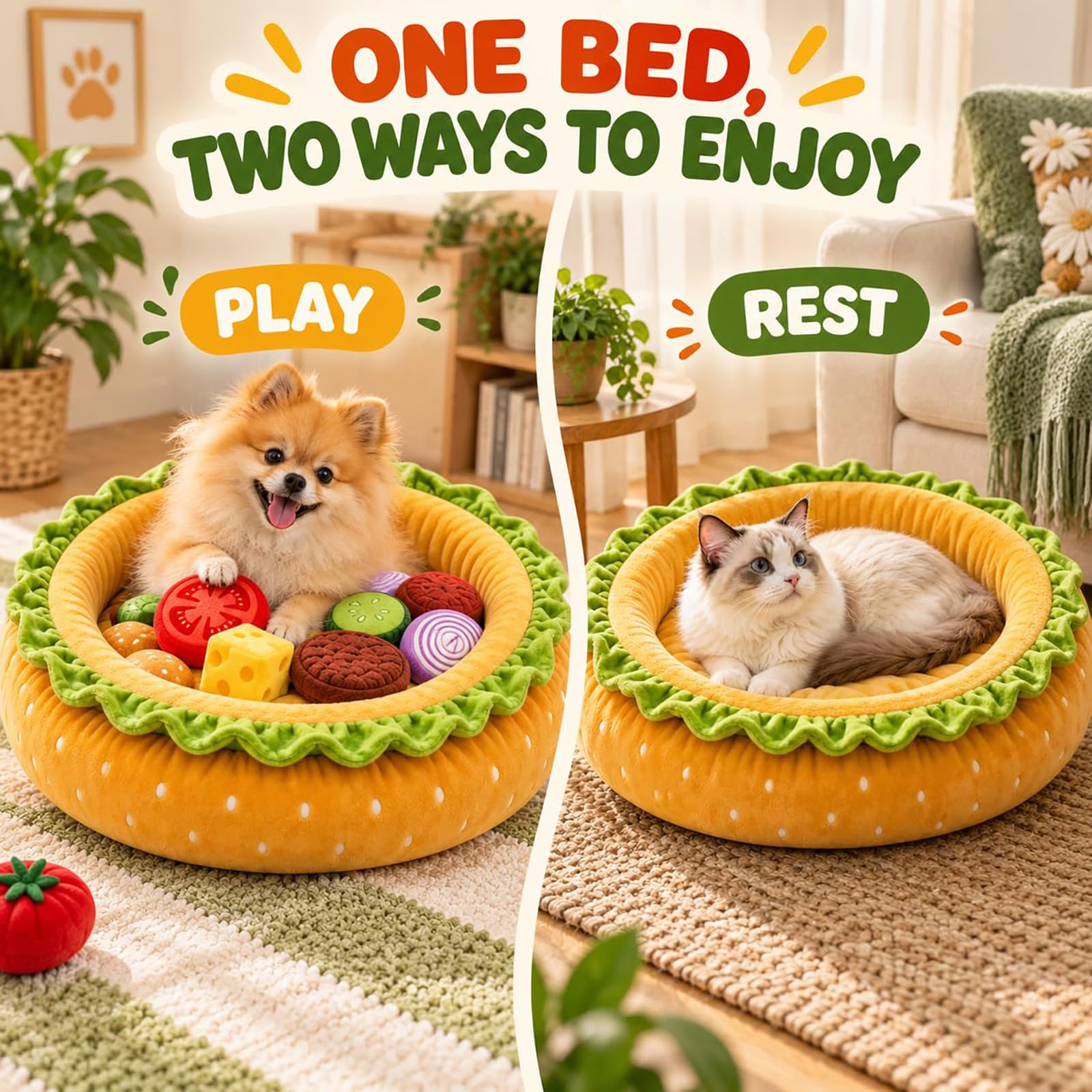 Generisch Hamburger Hundebett, Süßes Interaktives Haustiernest In Hamburgerform (Mit Spielzeug,35CM)