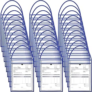 Geyee 50 Pack Job Ticket Holders Work Order Pockets for 9 x 12 Inch Hanging Sleeve Plastic Shop Ticket Holders with Strap, Both Sides Clear(Blue)