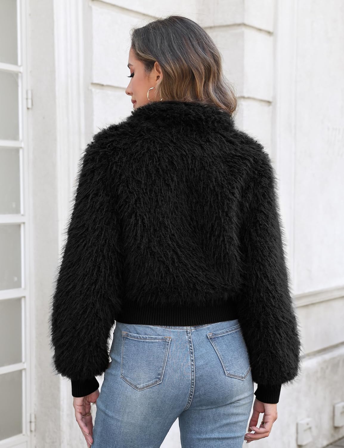 Womens Faux Fur Cropped Coats Fuzzy Long Sleeve Winter Jacket Zip Up Cardigan Top Fluffy Warm Outwear with Pockets - Image 5