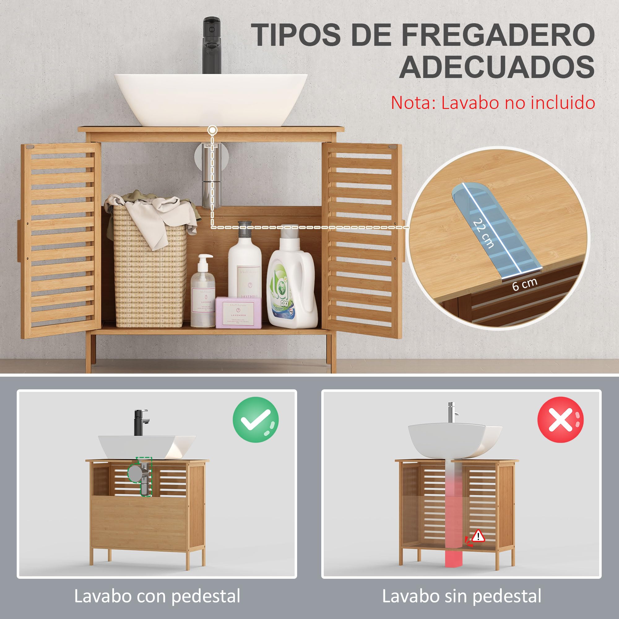kleankin Mueble Bajo del Lavabo Bambú 2 Puertas 66x29x61,5 cm Natural