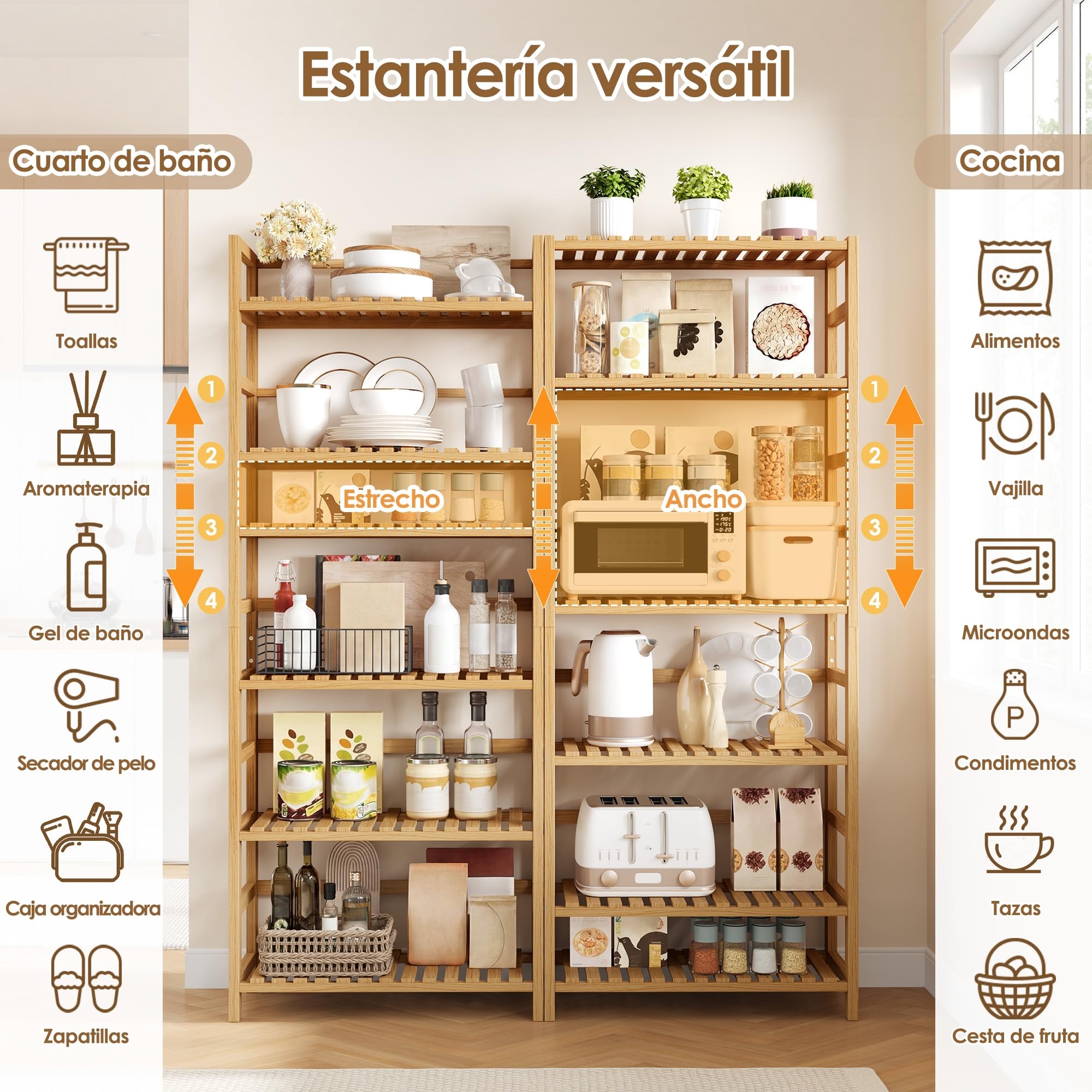 FOREHILL Estantería Bambú Baño de 6 Niveles, Estanterías Almacenaje Cocina | Eestantería Baño, Estantería de Almacenamiento, para Espacios Estrechos, 11 Posiciones Ajustables, Natural/Blanco 60x26x161cm