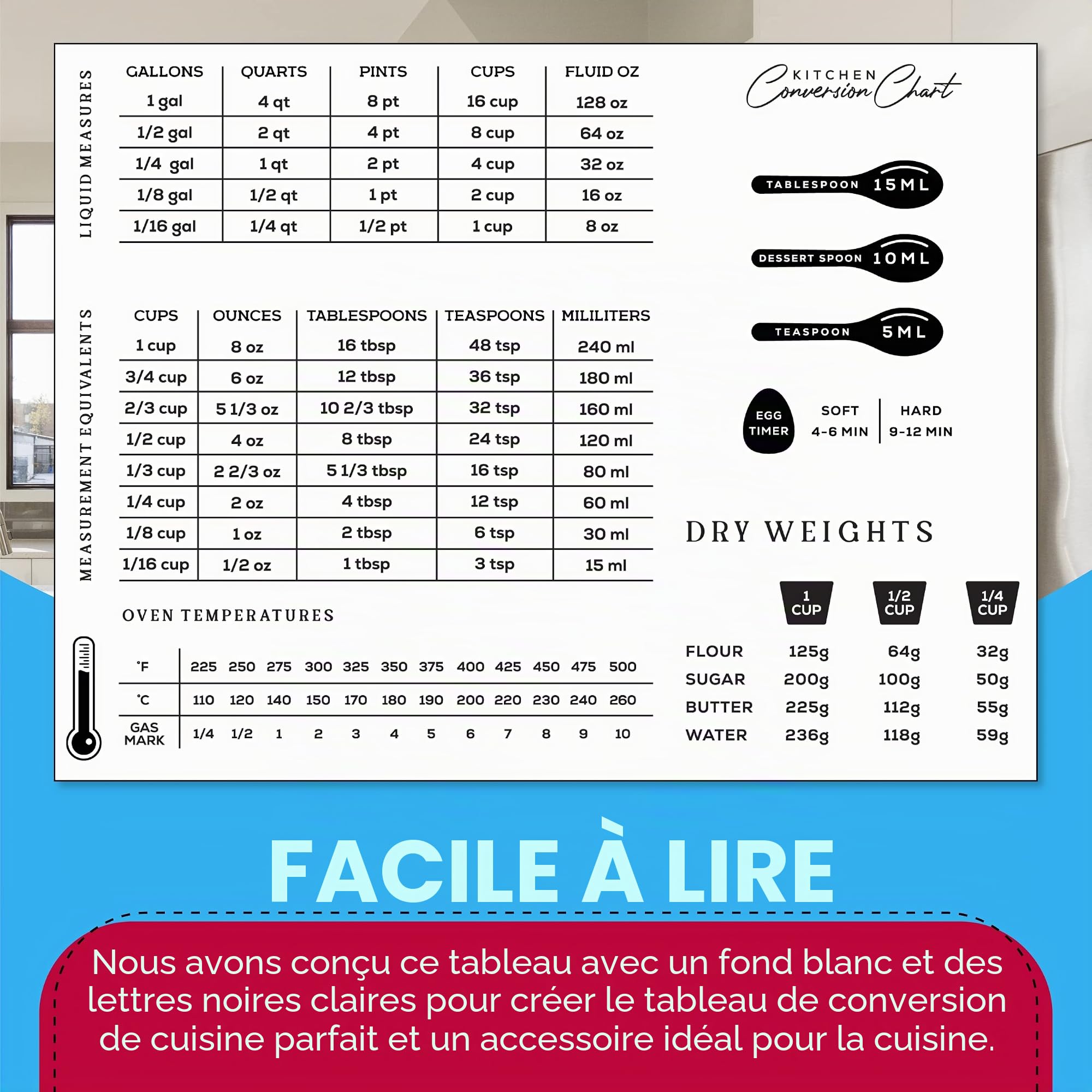 Tableau de Conversion magnétique de Cuisine pour liquides, Poids et mesures – Recettes de Cuisine et de pâtisserie