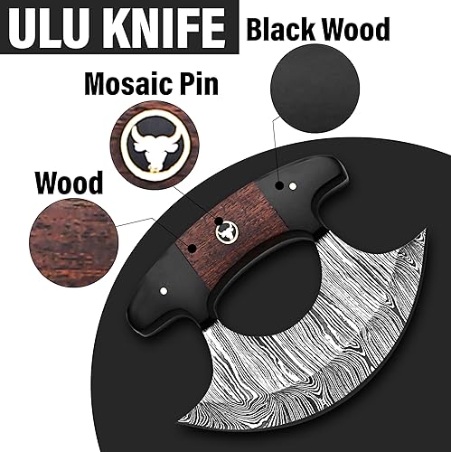 Miniatura 4 de Bodacious Knives Cuchillo Ulu hecho a mano de acero de Damasco de 5.3 pulgadas, cortador de pizza de Alaska, pequeño cuchillo Ulu con vaina, regalo