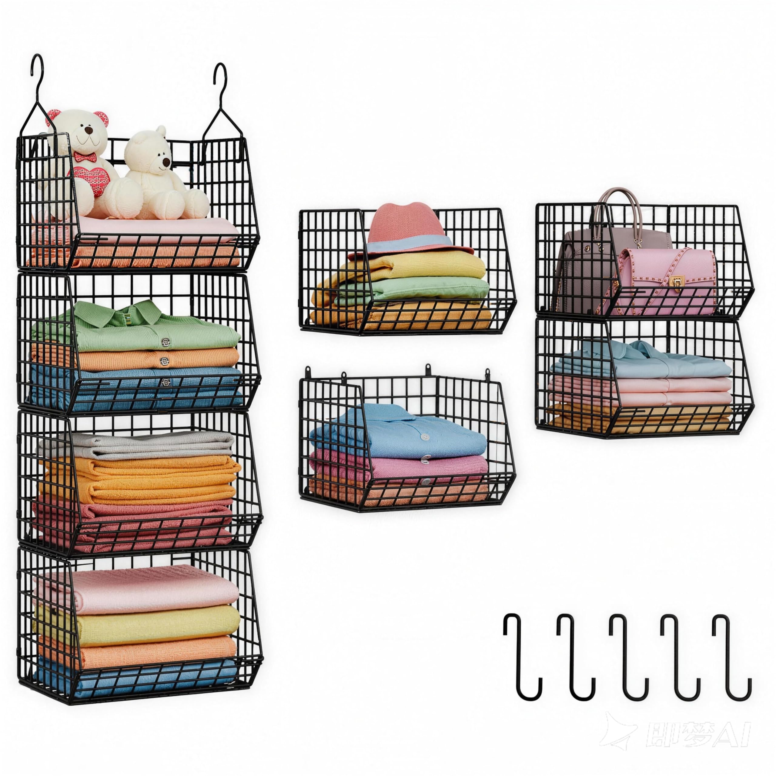 4 Etagen faltbar Kleiderschrank Veranstalter, Kleidung Regale mit 5 S Haken, Wandmontage & Schrank Draht Lagerung Korb Bins, für Kleidung Pullover Schuhe Handtaschen Clutches Zubehör Patent Des