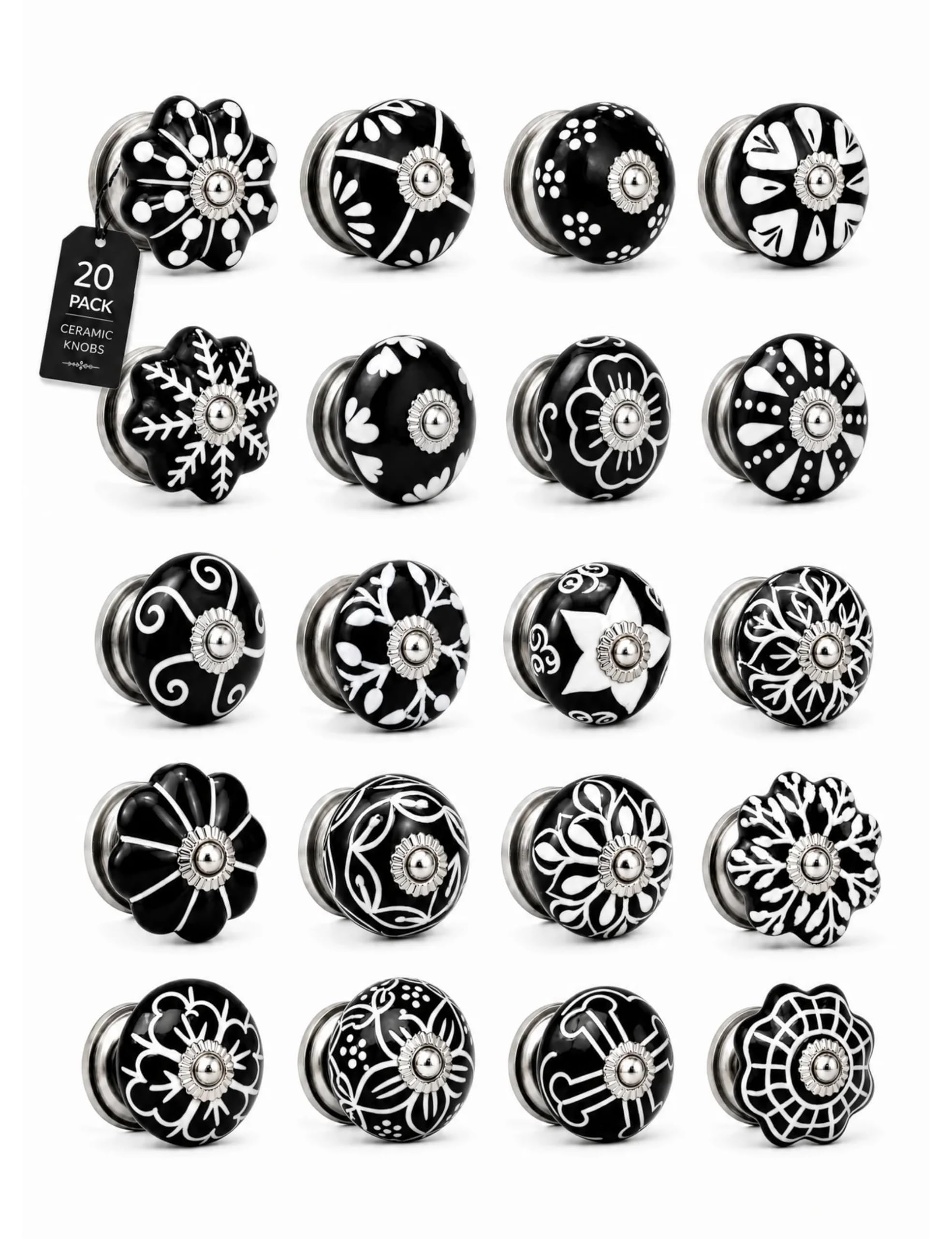 Cabinet Knobs Black 20 Pack - Antique Ceramic Drawer Pulls for Dressers