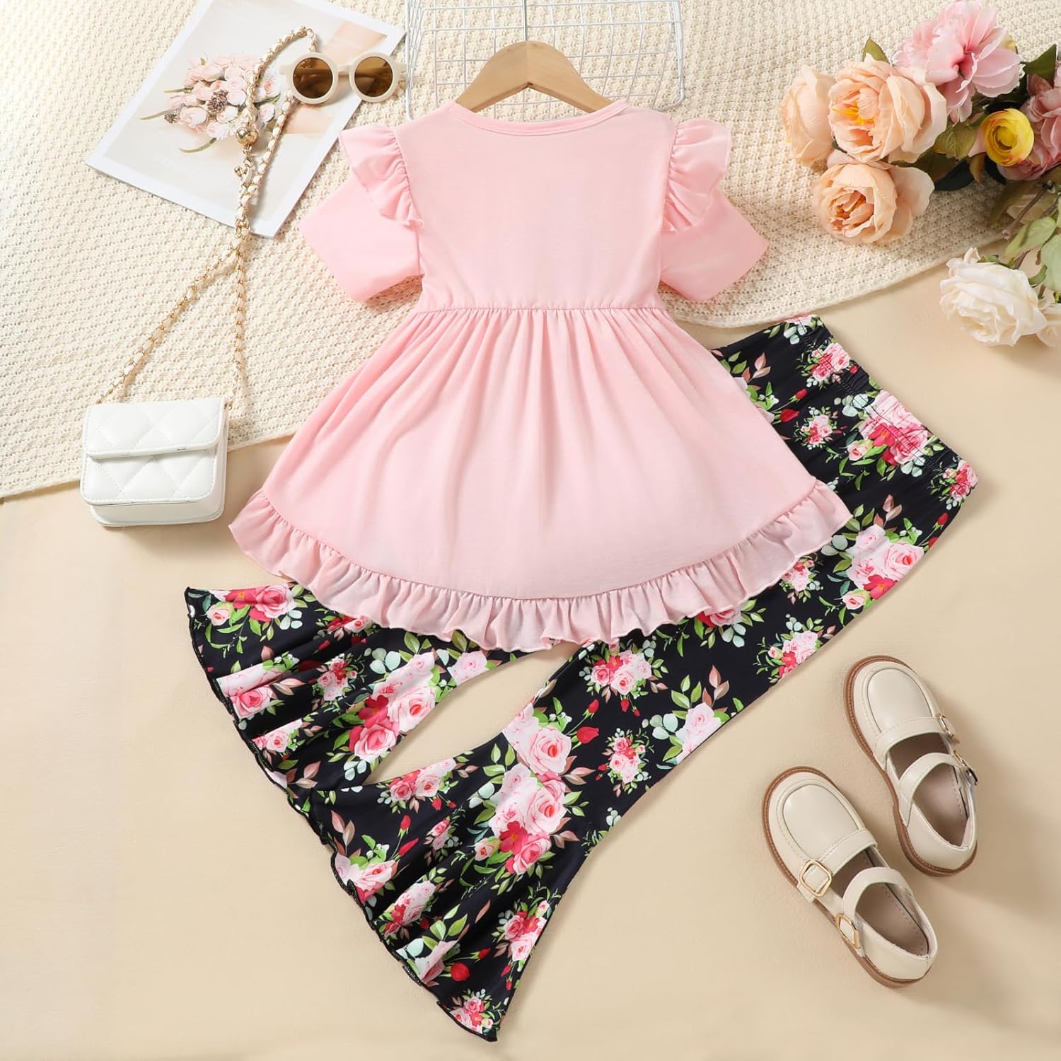 Toddler Baby Girl Bell Bottoms Outfits Ruffle Short Sleeve Shirt Tops and Floral Flared Pant Set - Image 2