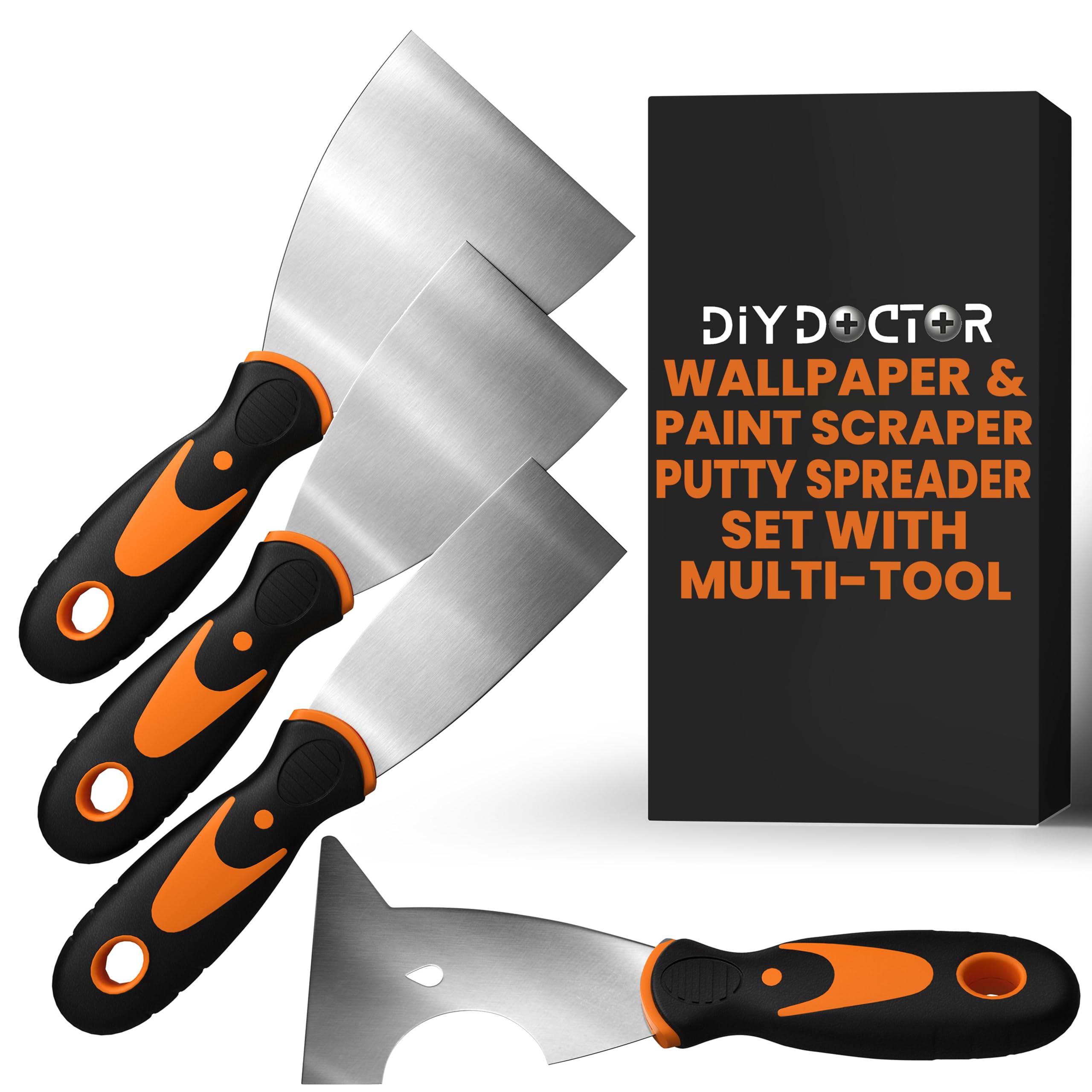 DIY Doctor - 4 Piece Wallpaper Scraper Tool Set - 3 Wallpaper Strippers w/ 1 Multifunctional Tool/Putty Knife - Wall Paper Scraper Tool Set (1.5, 2.5, 3.5 inch Paint Scraper Tool w/ 3 inch Multitool)
