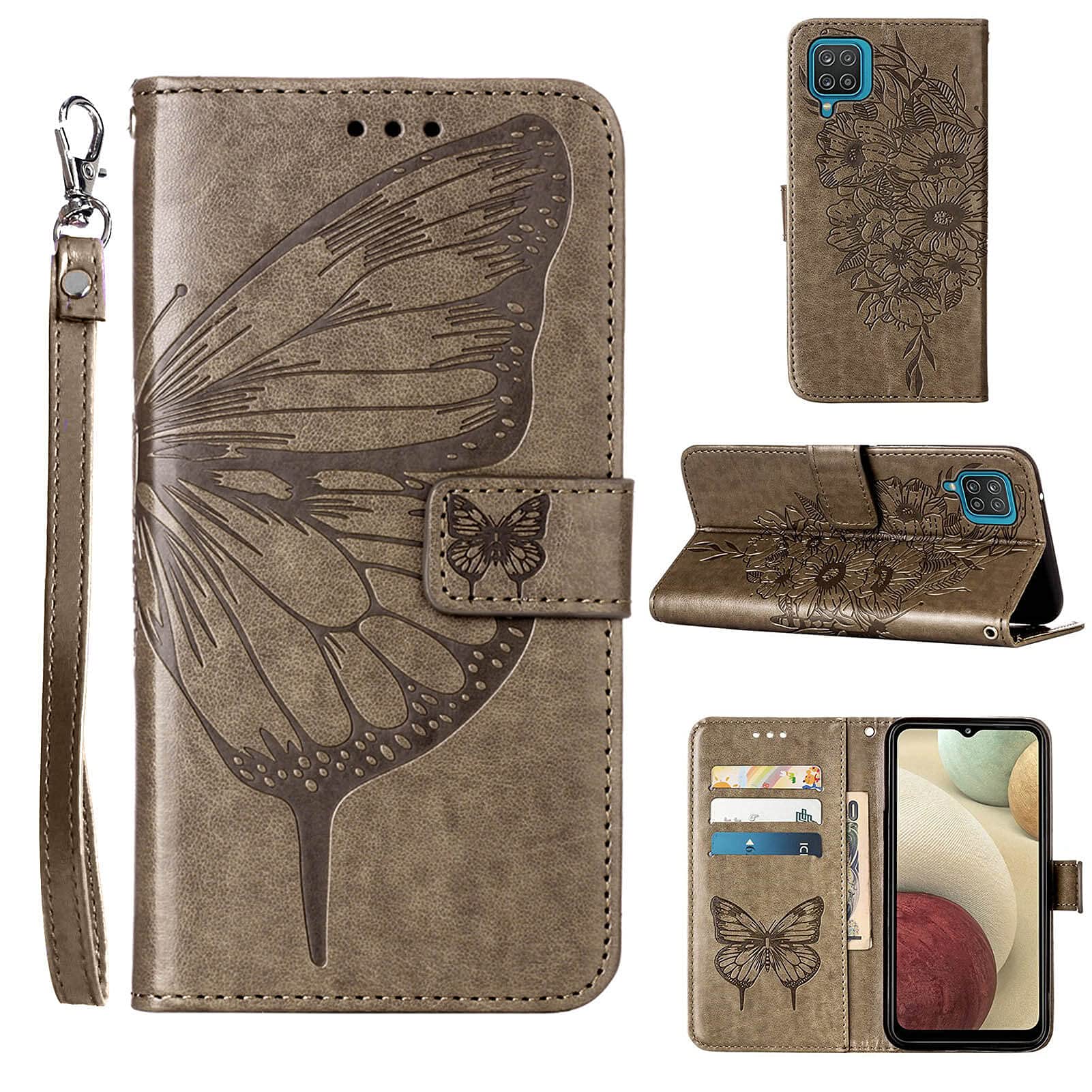 Moment Dextrad for Samsung Galaxy A12 Flip Cover Phone Case Wallet | Butterfly Floral Embossed, Wrist Strap, Card Holder Slots, Stand Leather