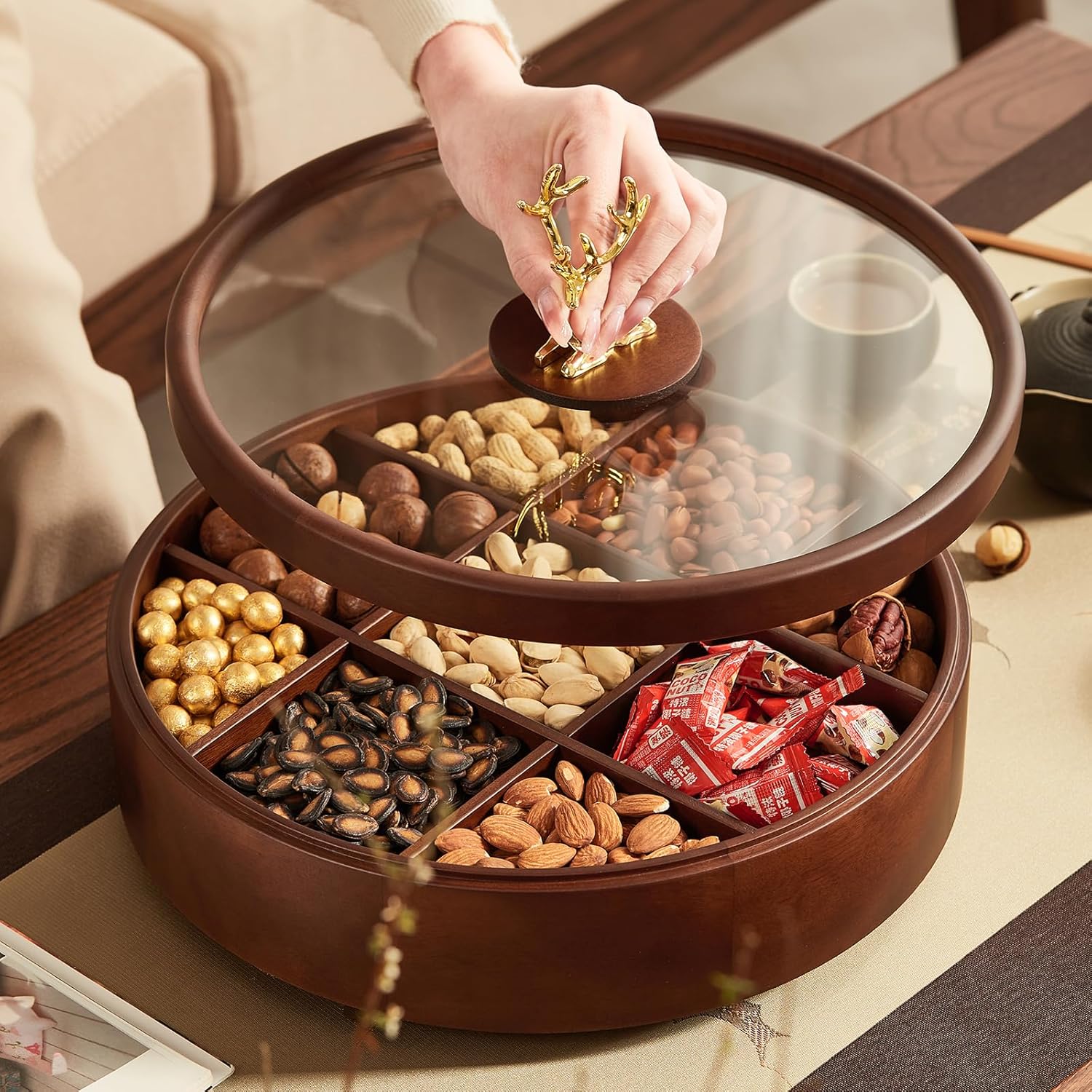 12" Wooden Serving Tray with Lid, 360° Rotating Snack Try, 9 Compartments, Platter Organizer for Snacks, Candy, Nuts, Chips, Tray for Party, Family Dinner and Holidays - Image 2