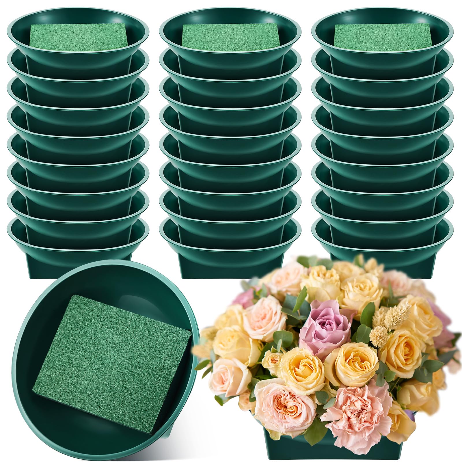 Sabary 24 Pack Large Size 6.3 Inch Floral Foam Round Bowls for Flower Arrangements Round Floral Supplies Flower Foam with Bowl Kit with Floral Foam Blocks for Table Party Wedding Festival Flower