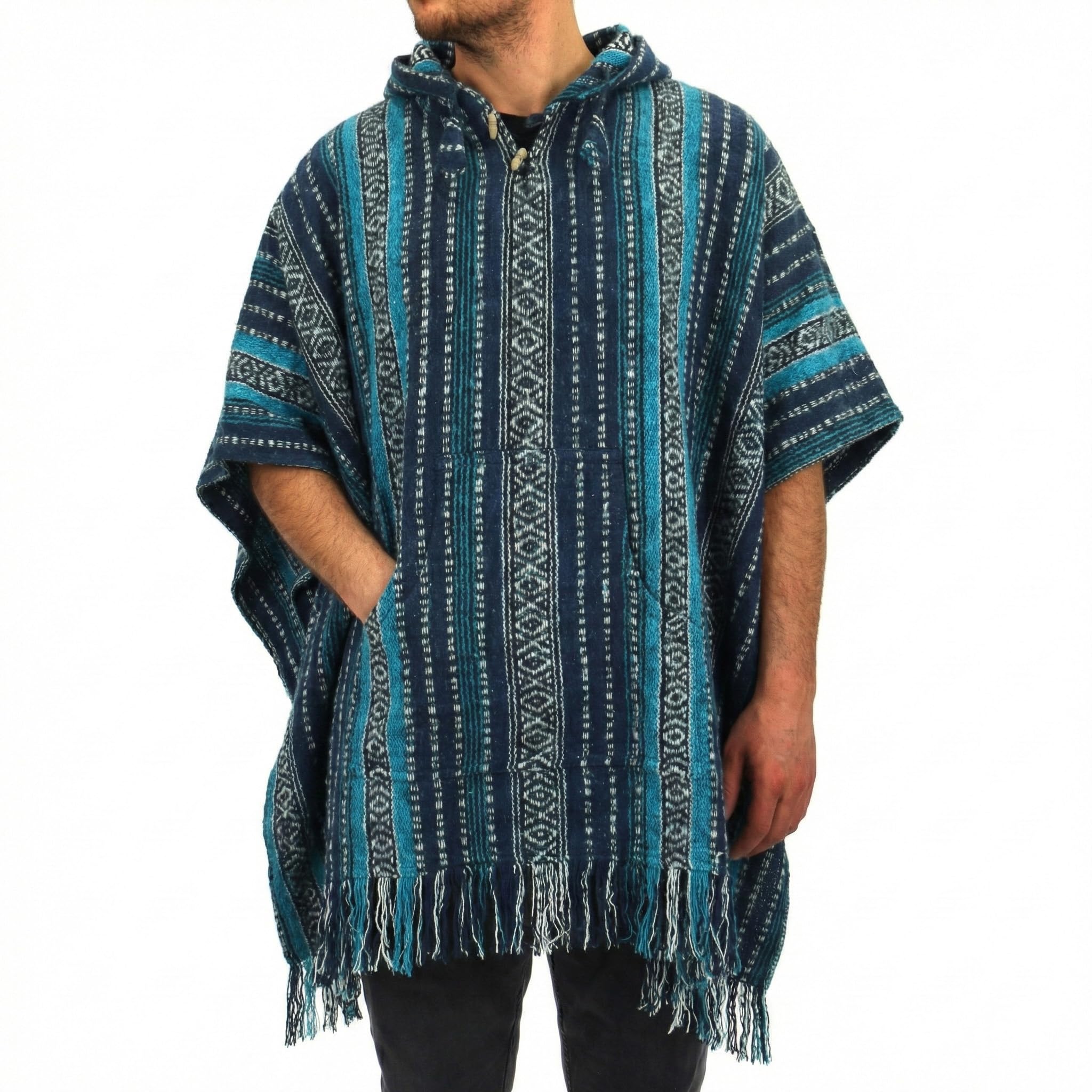 Loudelephant Men's Blue & White 100% Woven Gheri Cotton Mexican Style Hooded Poncho
