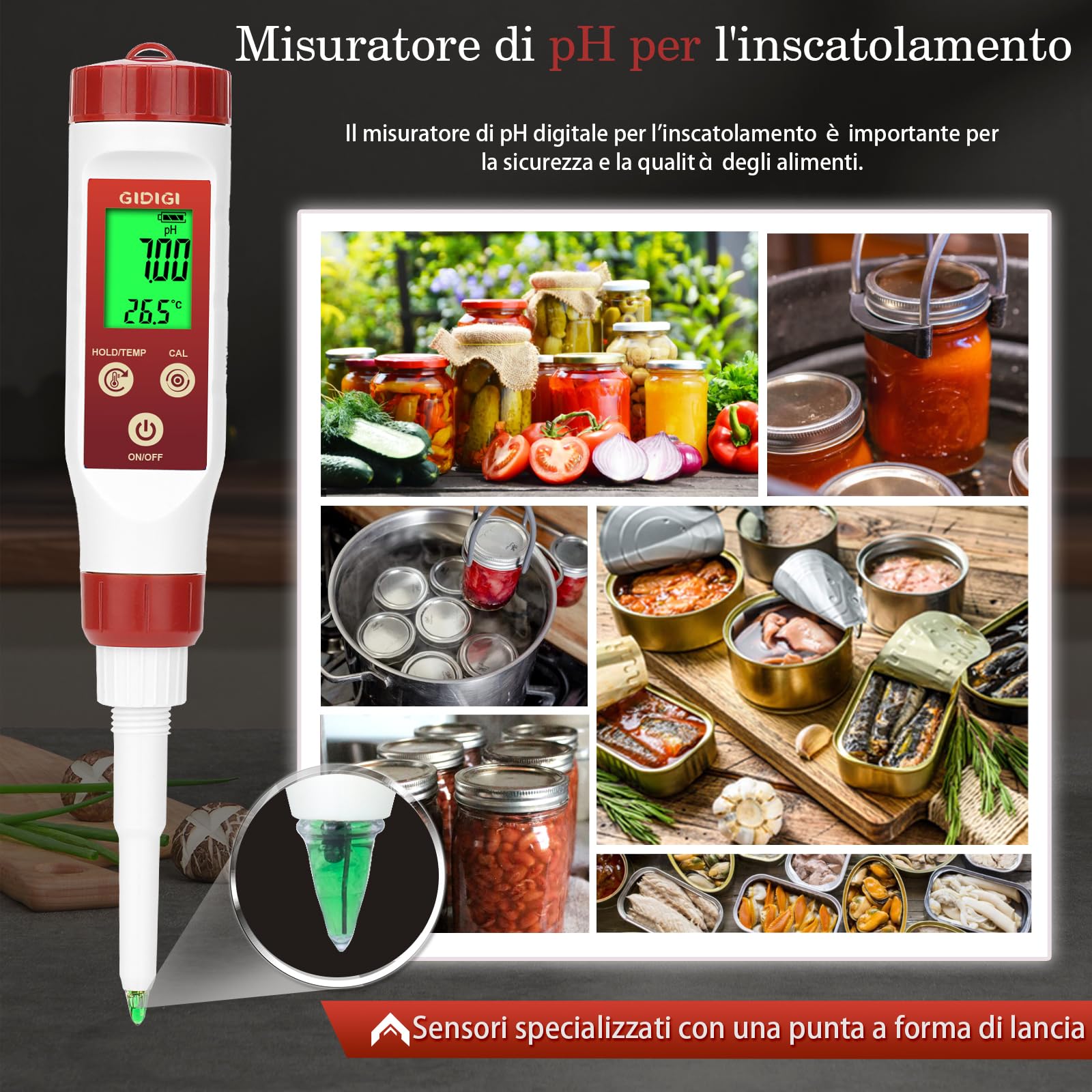 Tester di pH per alimenti GIDIGI, sonda di pH per pasta madre e pane, misuratore di pH professionale per fermentazione, formaggio, carne, inscatolamento, sonda di pH a lancia per semisolidi, acqua