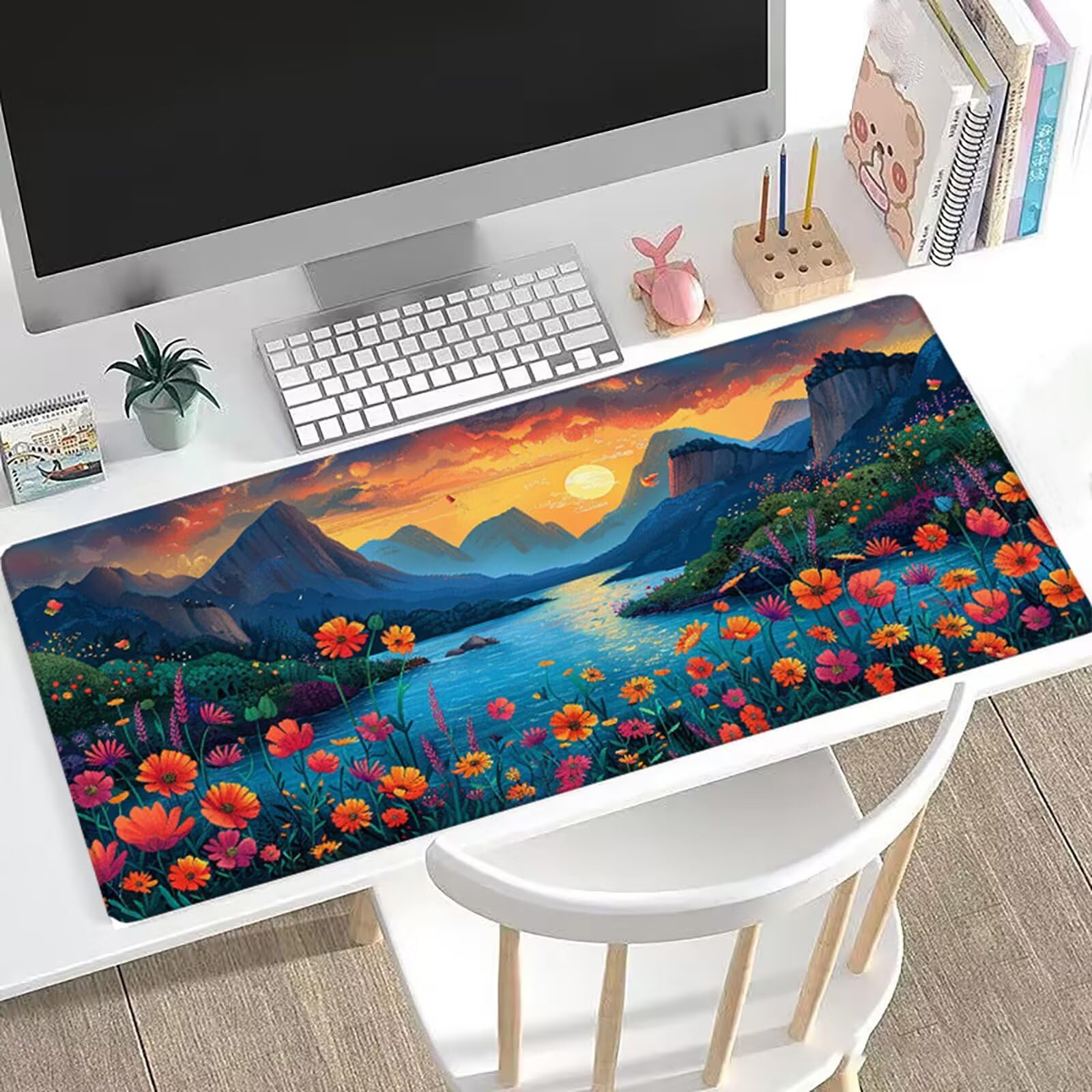 Gamingowa podkładka pod mysz, chryzantema, XXL, 120 x 60 cm, podkładka pod mysz, jezioro, podkładka na biurko, zoptymalizowana prędkość, z gumowaną antypoślizgową podstawą, mata na biurko dla graczy