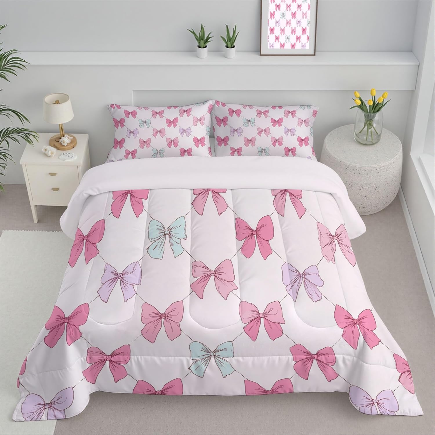 Queen Size Comforter Set Light Pink - Cute Girl Style Bedding Set for All Seasons Mesh Bow Quilted Comforter Down Alternative with Pillowcases 90 x 90in