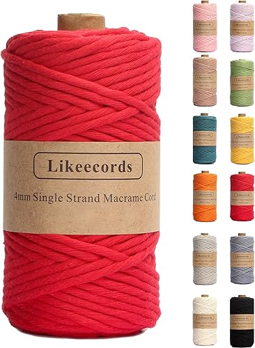 Cuerda de macramé de un solo hilo de 0.157 in, cuerda de algodón colorido para colgar en la pared, ganchos de plantas, para manualidades (rojo)
