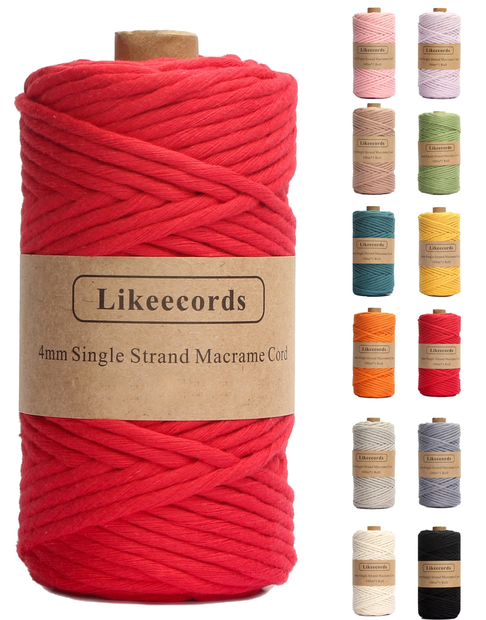 Corde macramé 4mm rouge monobrin en coton naturel de 90m pour suspension