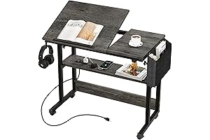 Multi-Purpose Small Desk on Wheels with Adjustable Height and Charging Station