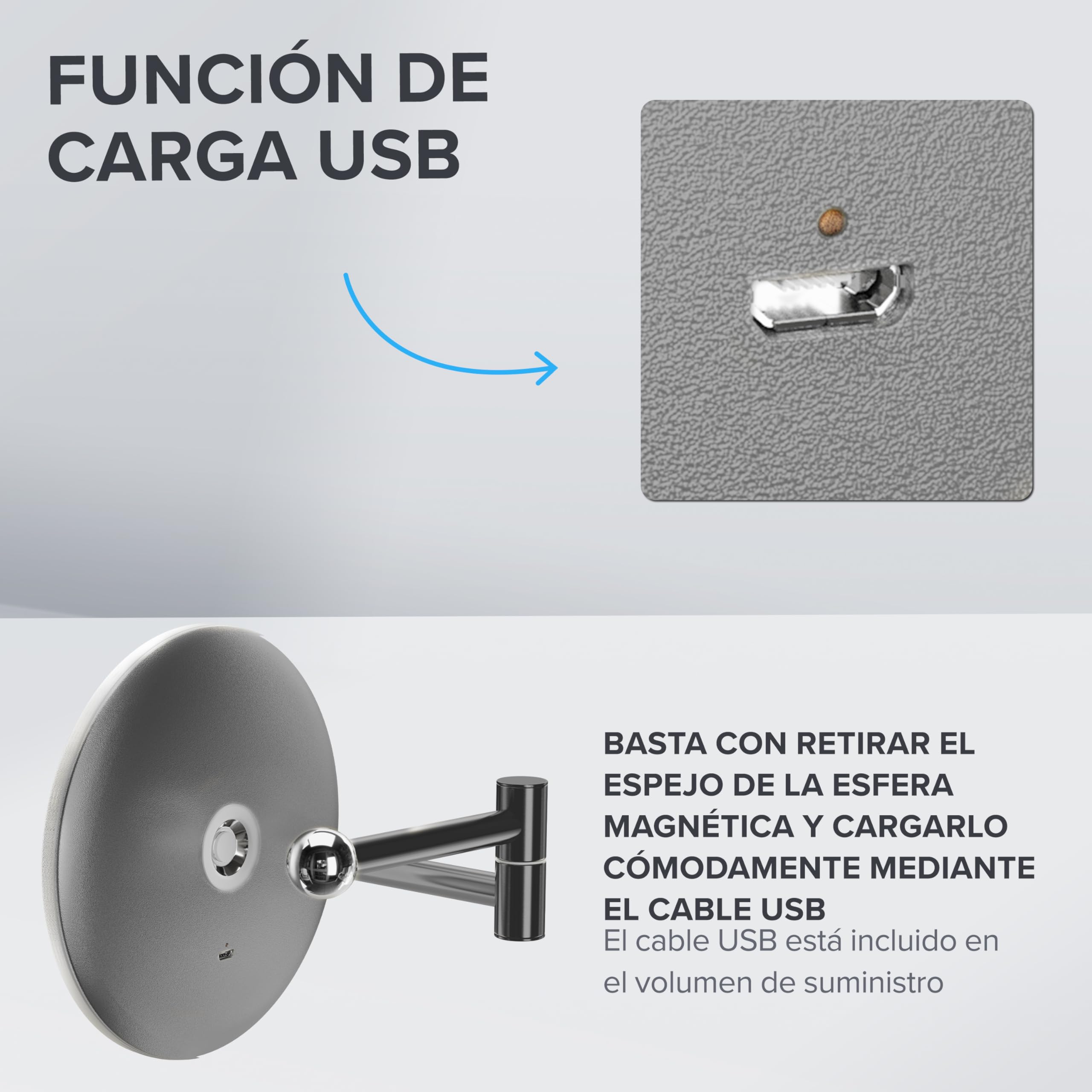 Espejo de aumento Ringstind Gunmetal | con iluminación | recargable | Montaje en pared sin taladrar | en el baño | Espejo de aumento 5x | Espejo de maquillaje con luz | espejo de 360 ​​​​grados