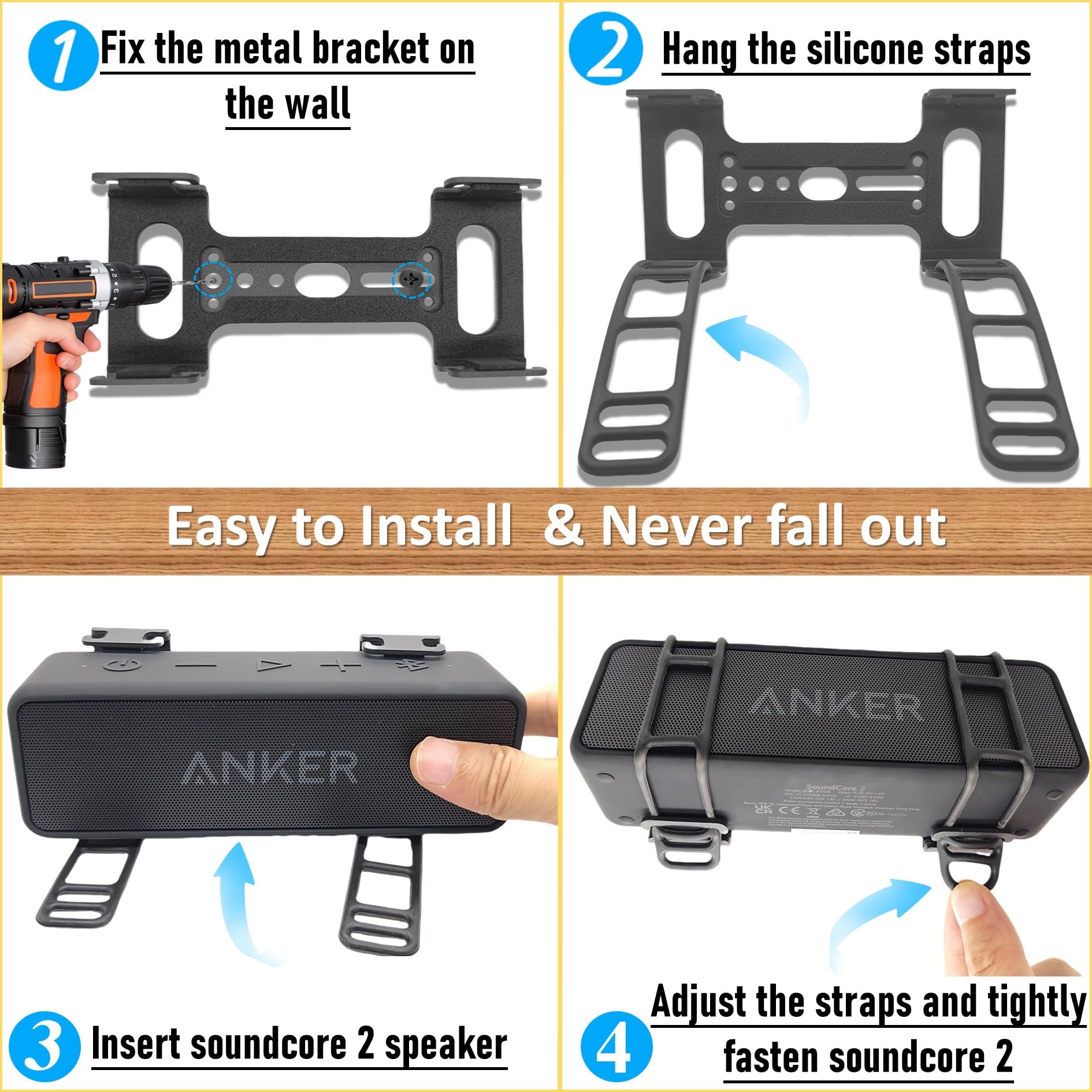 Anker Soundcore 2 Supporto da parete in metallo per altoparlante Bluetooth portatile con cinghie in silicone regolabili