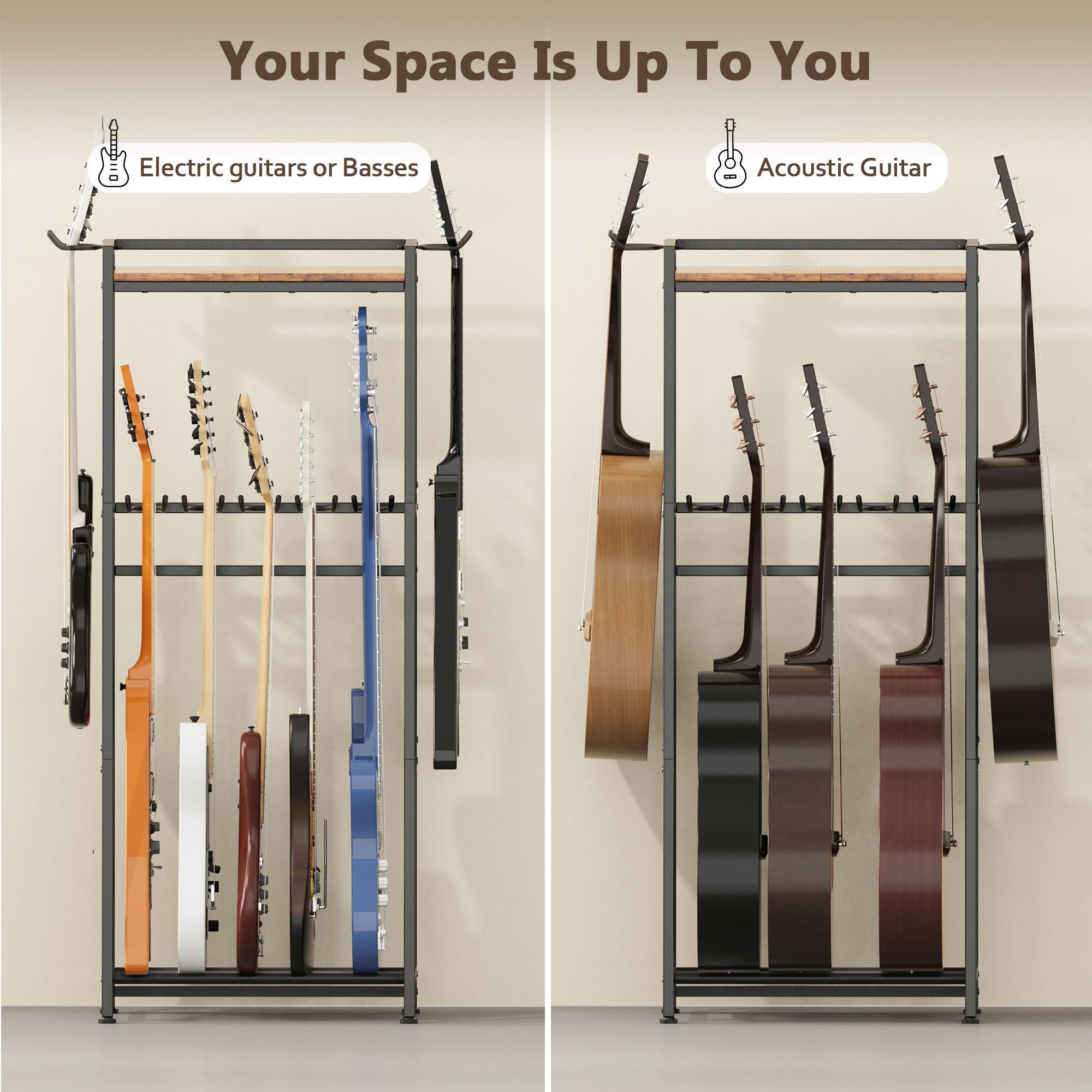 Guitarra Soporte para 5 - 7 Guitarras para Guardar Guitarra Acústica, Bajo, Ukelele,Tocadiscos, Envoltura de Espuma EVA de Doble Nivel, Soporte para Instrumentos Musicales (Marrón)