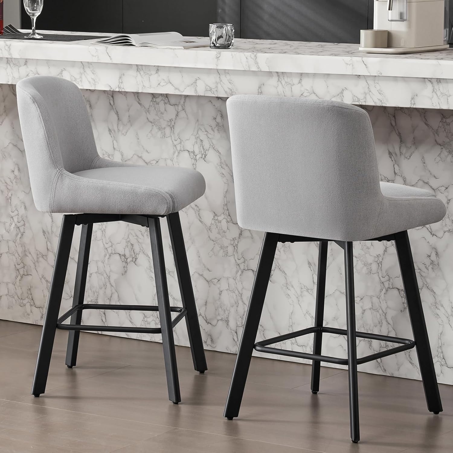 SAECKBERG Swivel Bar Stools Set of 2, 26''H Upholstered Barstools with Backs, Modern Counter Height Bar Stool Chairs for Kitchen Island, Metal Legs, Fabric, Light Gray Counter Stools
